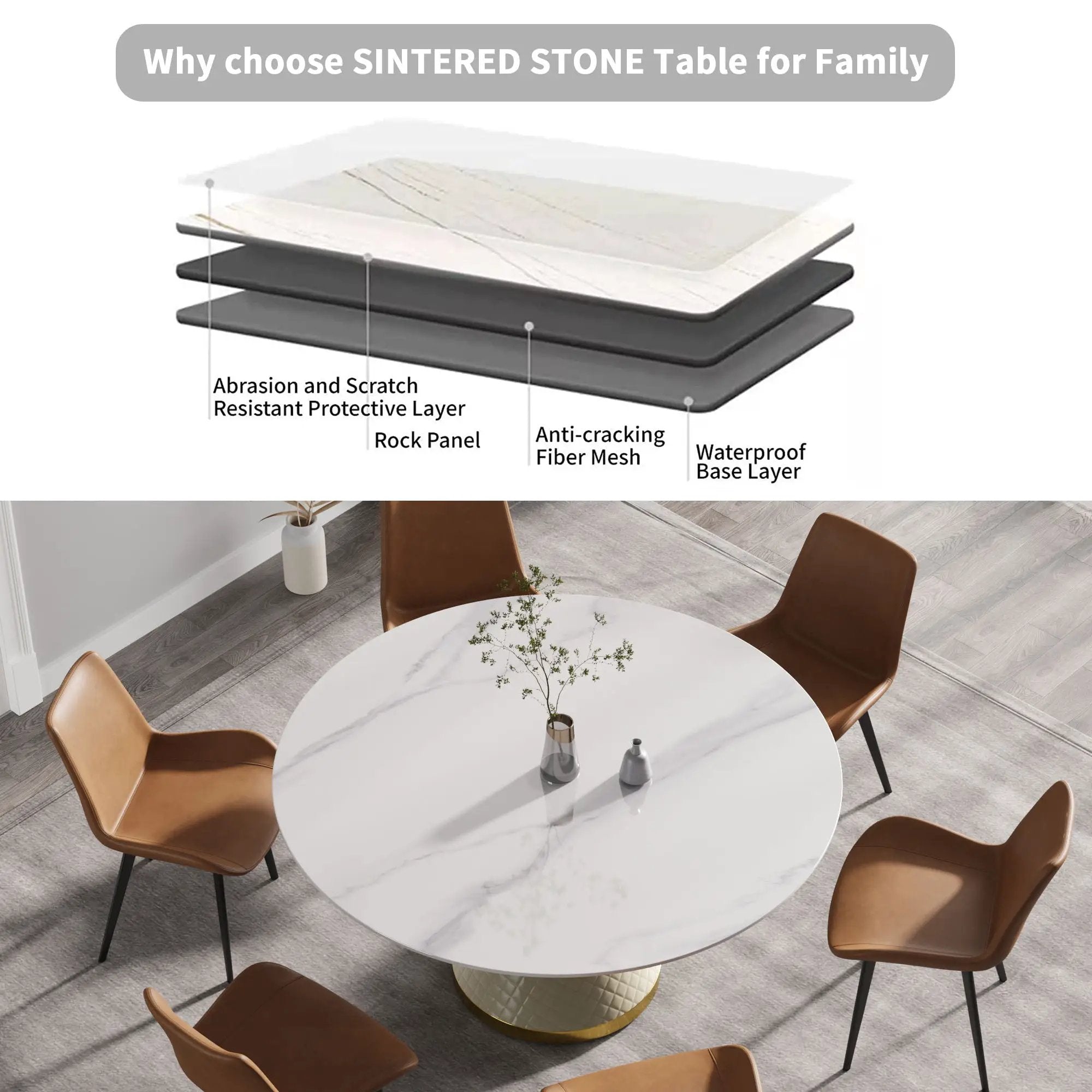 Modern Artificial Stone Round Carbon Steel Base Dining Table, Can Accommodate 6 People by Unique Piece Furniture