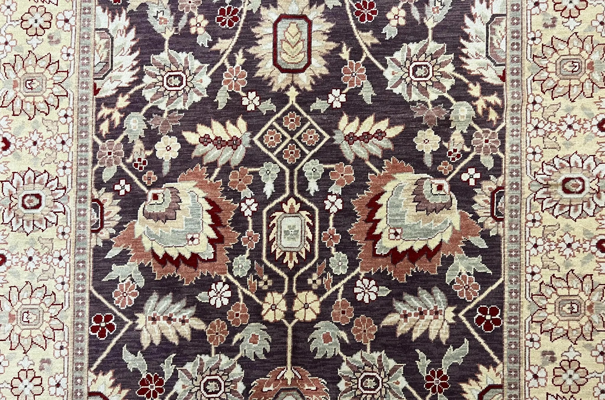 Vintage Indo Mahal Area Rug 6x9, Indian Persian Oriental Carpet 6 x 9, Puce Eggplant Tan Beige Rug, Hand-Knotted, Large Floral Design Wool by Jewel Rugs
