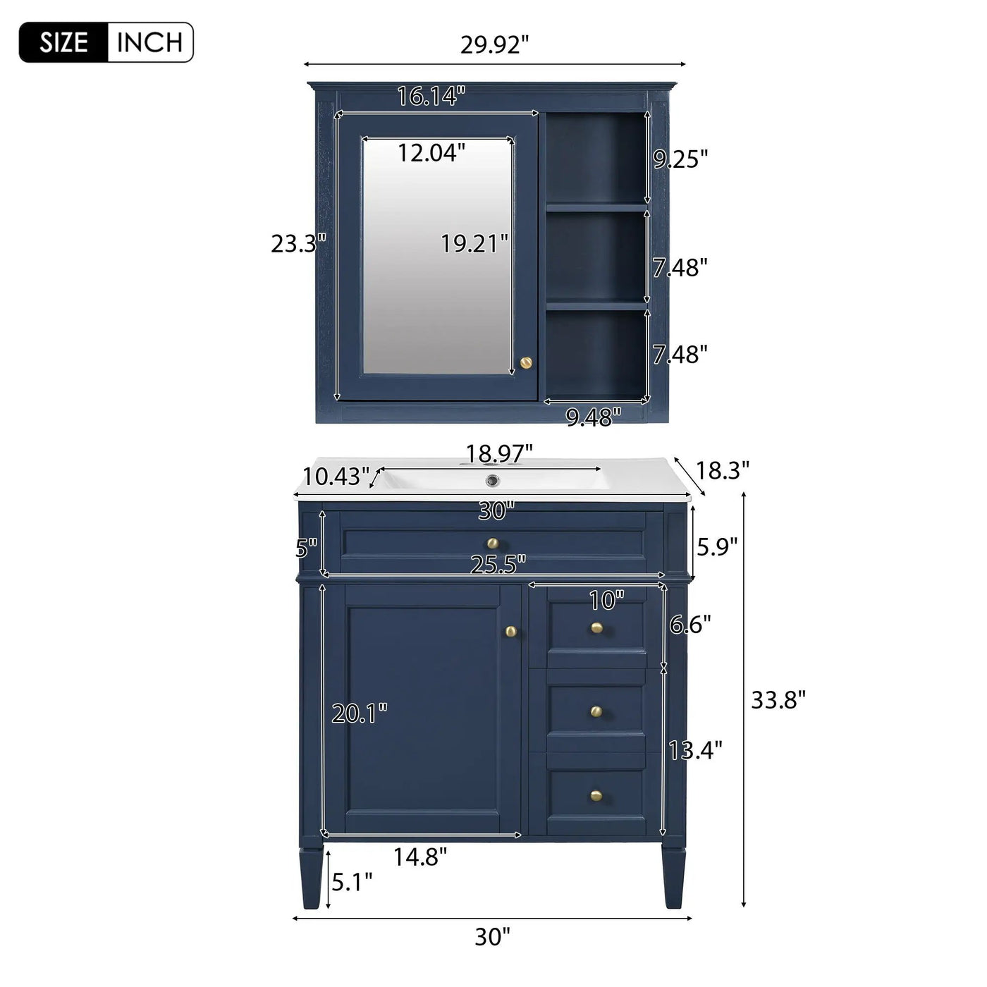 Bathroom Vanity With Top Sink, 2 Doors And 3 Drawers, Freestanding Set With Mirror Cabinet by Unique Piece Furniture