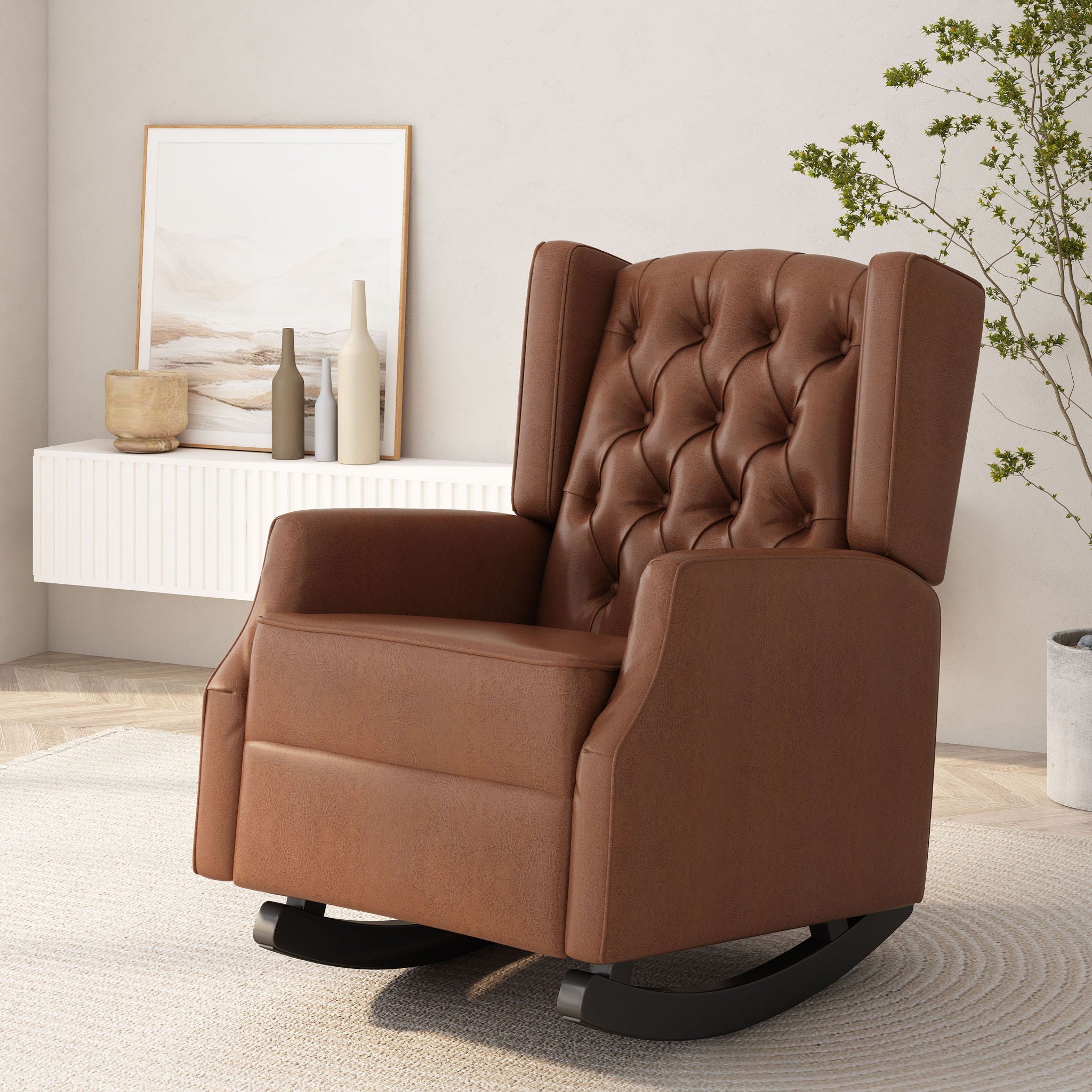 Moss Upholstered Rocking Recliner With Diamond Tufting And Wingback - Light Brown by HouseOfZazla