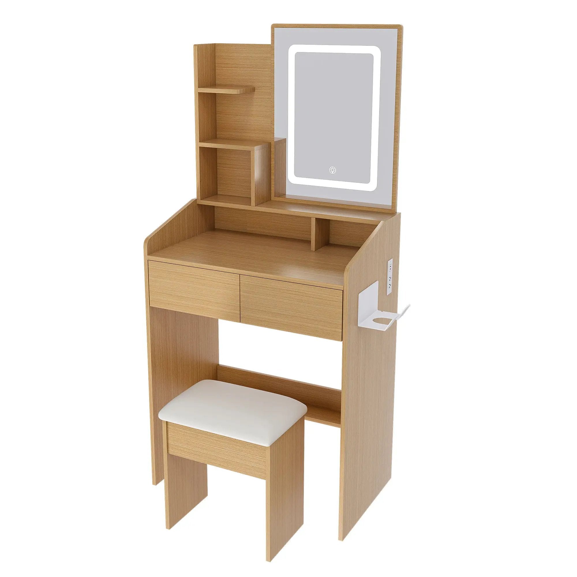 Vanity Table With LED Mirror, Power Outlet, Hairdryer Holder & Padded Stool by HouseOfZazla