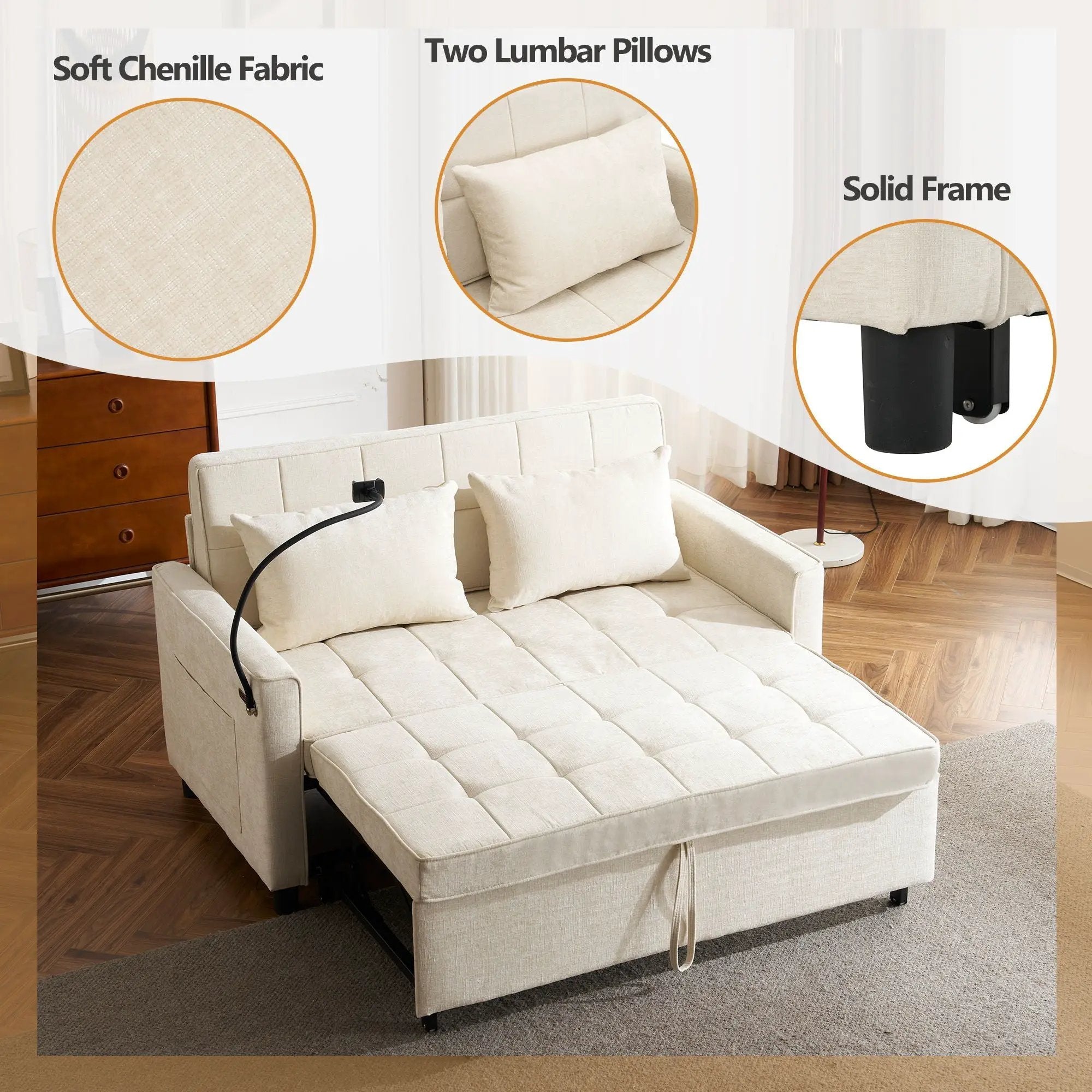 Pull-Out Sleeper Sofa With Reversible Backrest Cushion, Side Pockets, 2 USB Ports And A Phone Holder For Living Room by HouseOfZazla