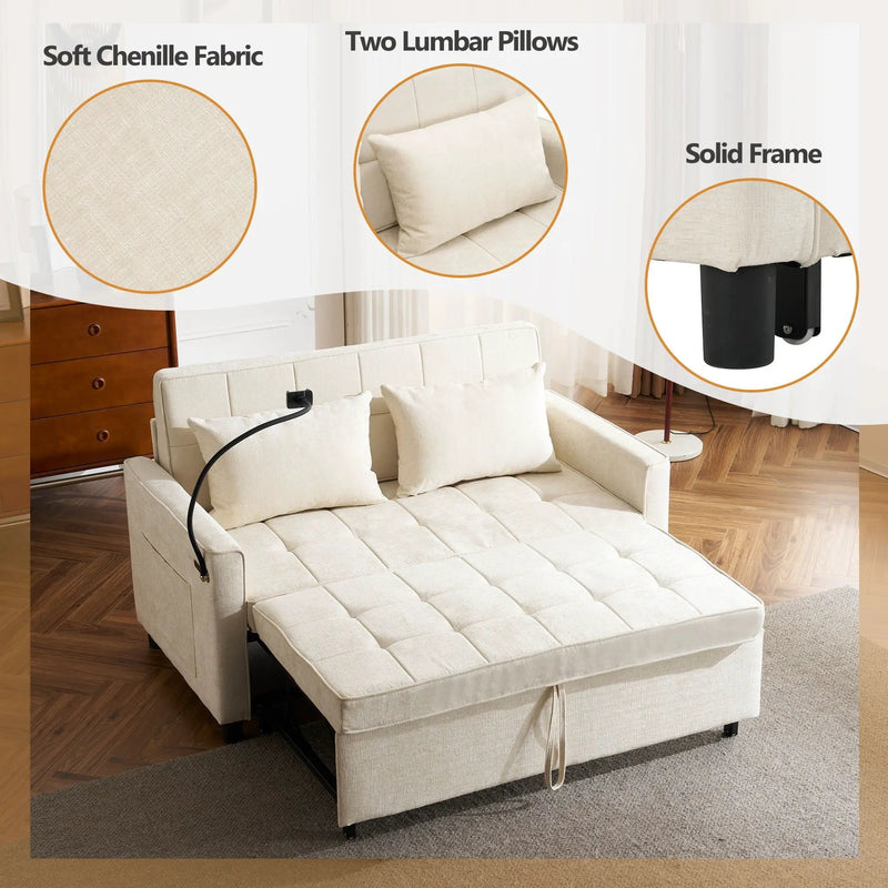 Pull-Out Sleeper Sofa With Reversible Backrest Cushion, Side Pockets, 2 USB Ports And A Phone Holder For Living Room by HouseOfZazla