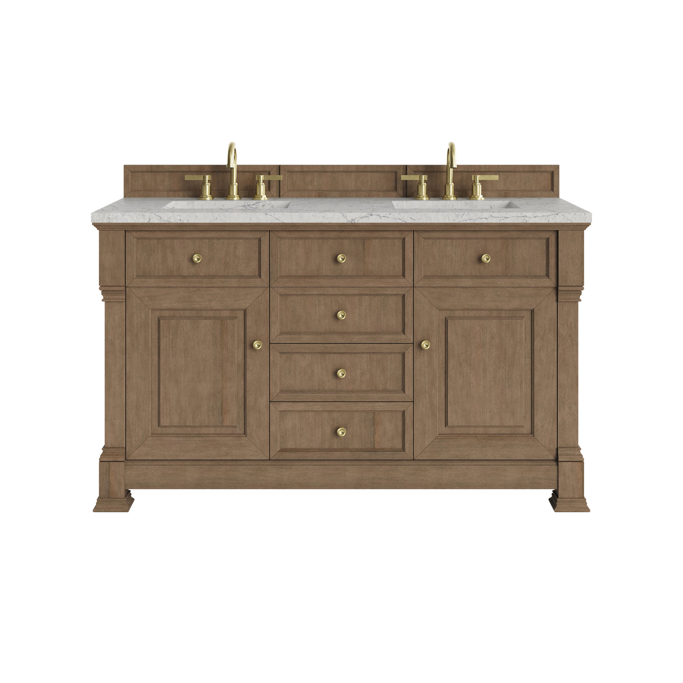 James Martin Brookfield 60" Double Bathroom Vanity, Pecan with Eternal Jasmine Pearl countertop
