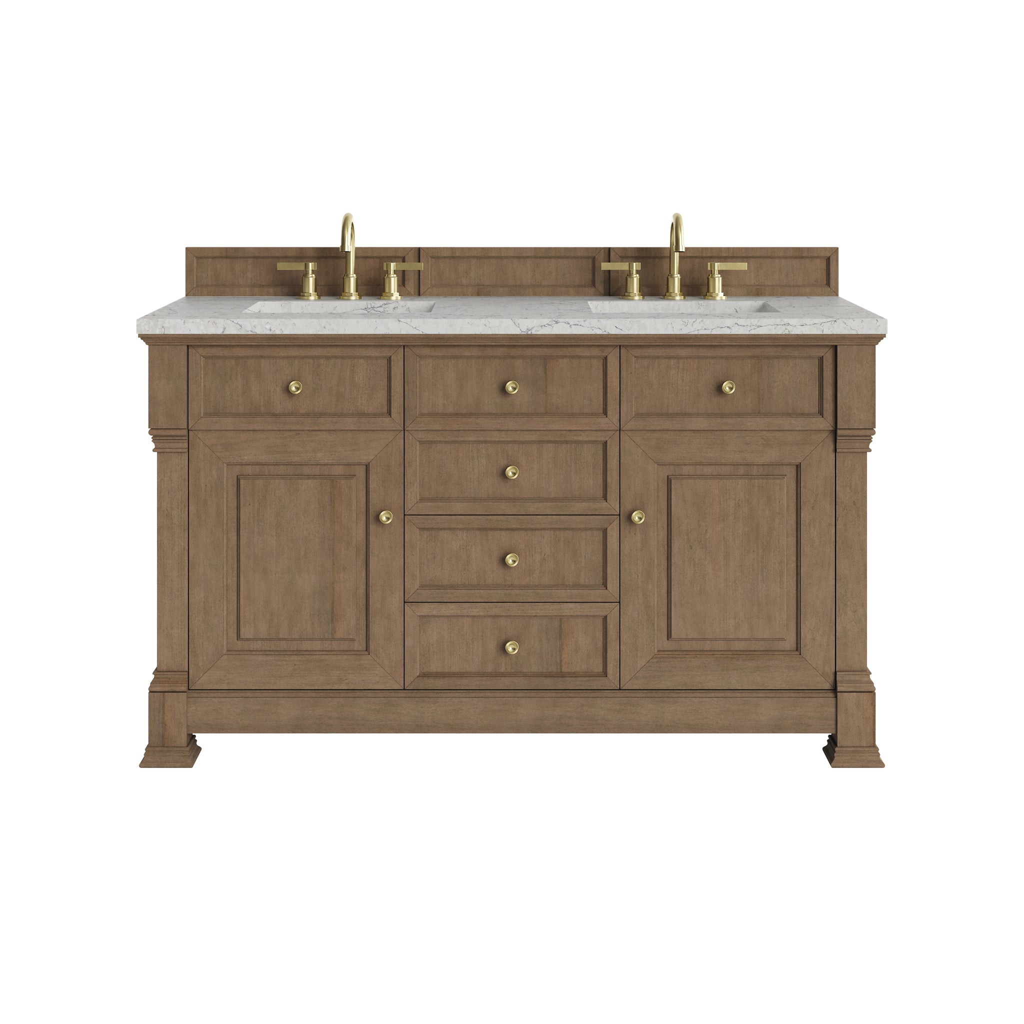 James Martin Brookfield 60" Double Bathroom Vanity, Pecan with Eternal Jasmine Pearl countertop