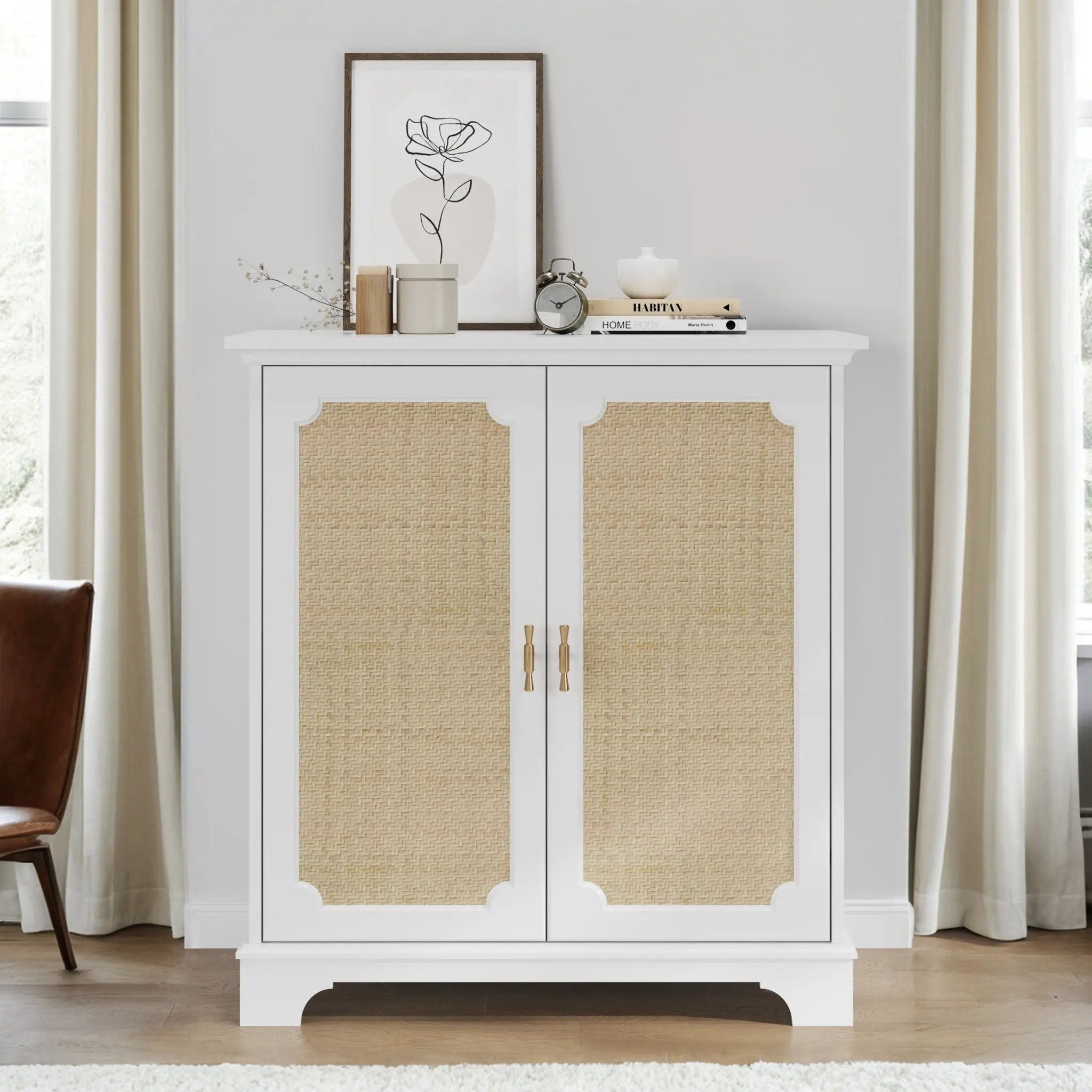 Rattan Decorated Sideboard Buffet Storage Liquor Cabinet - White by Unique Piece Furniture