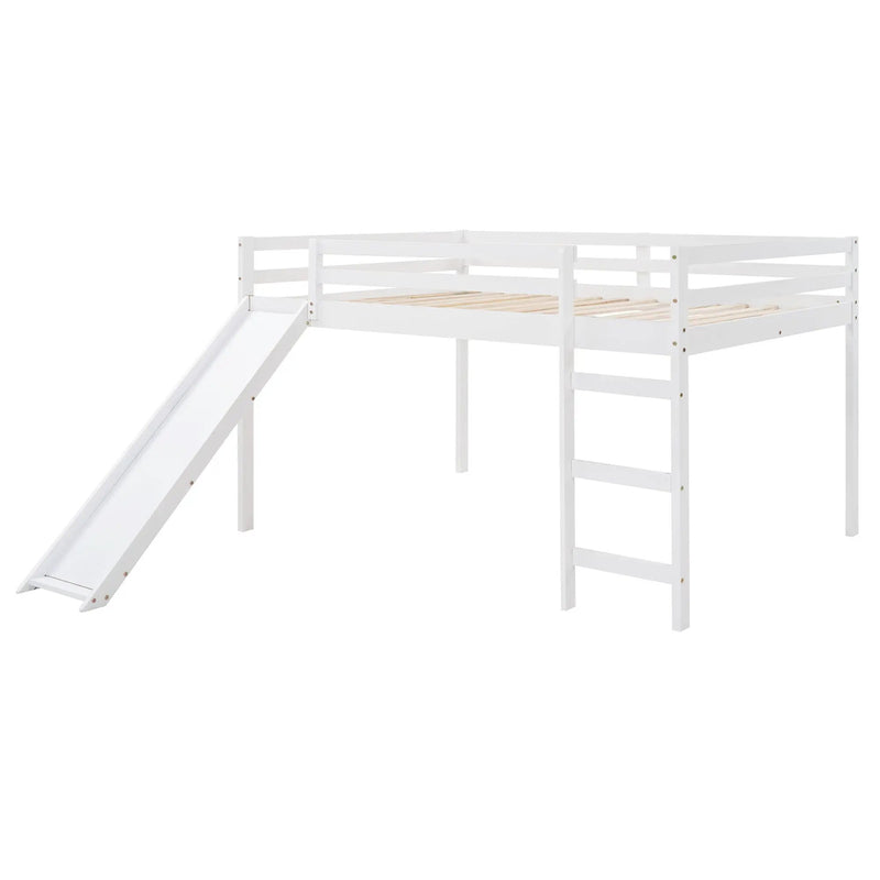 Full Loft Bed With Slide, Multifunctional Design - White