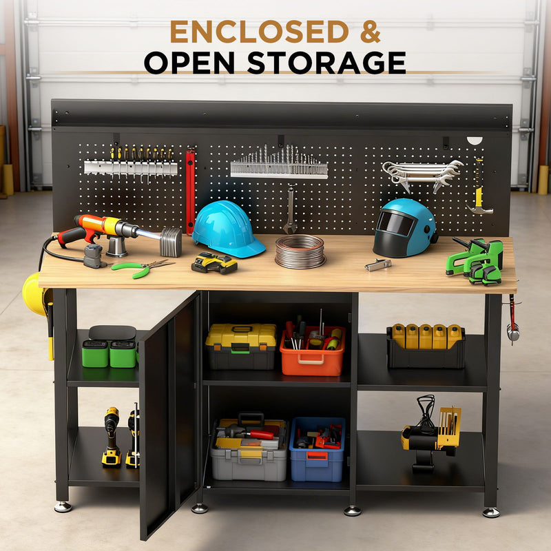 Workbench With Storage Cabinet And Pegboard - Black by HouseOfZazla