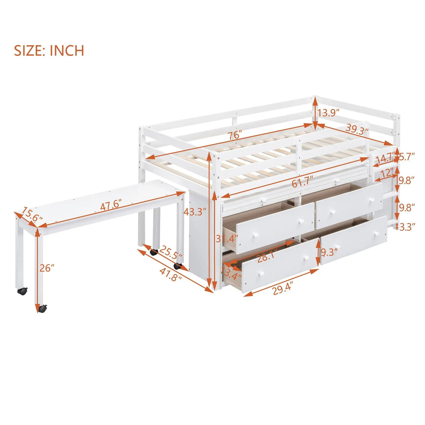 Loft Bed With Retractable Writing Desk And 4 Drawers, With Lateral Portable Desk And Shelves by Unique Piece Furniture