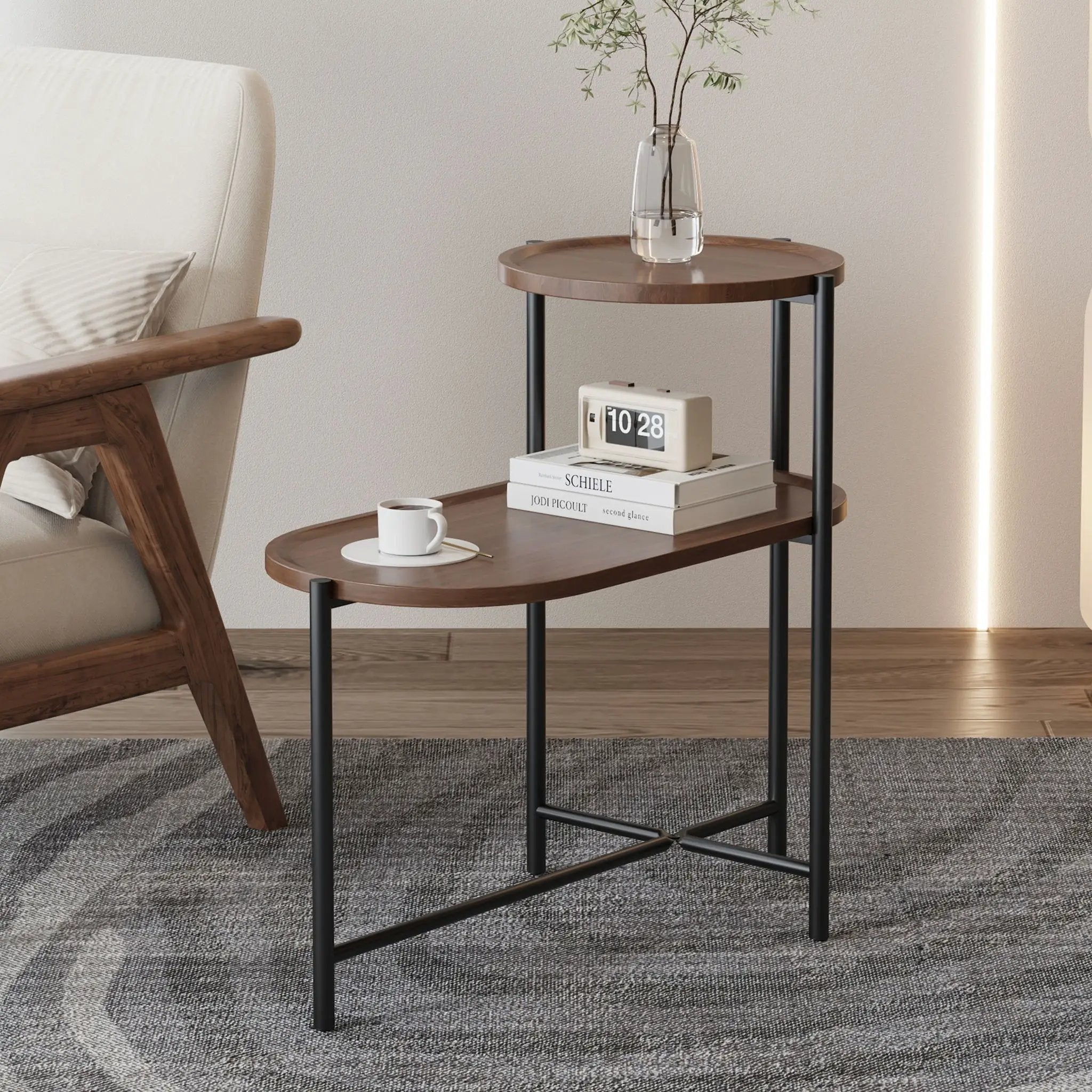 Round Coffee Table With Storage Tray 2 Tier Oval End Tables Wooden Small Side Table For Living Room by HouseOfZazla