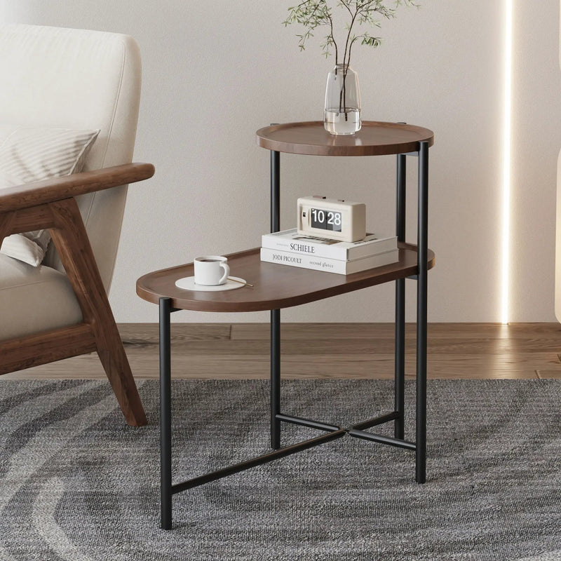 Round Coffee Table With Storage Tray 2 Tier Oval End Tables Wooden Small Side Table For Living Room by HouseOfZazla