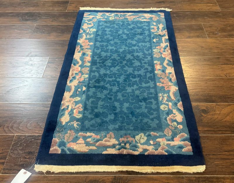 Blue Chinese Rug 2.6 x 4, Fete Rug, Peking Rug, Chinese Wool Rug, Art Deco Carpet by Jewel Rugs