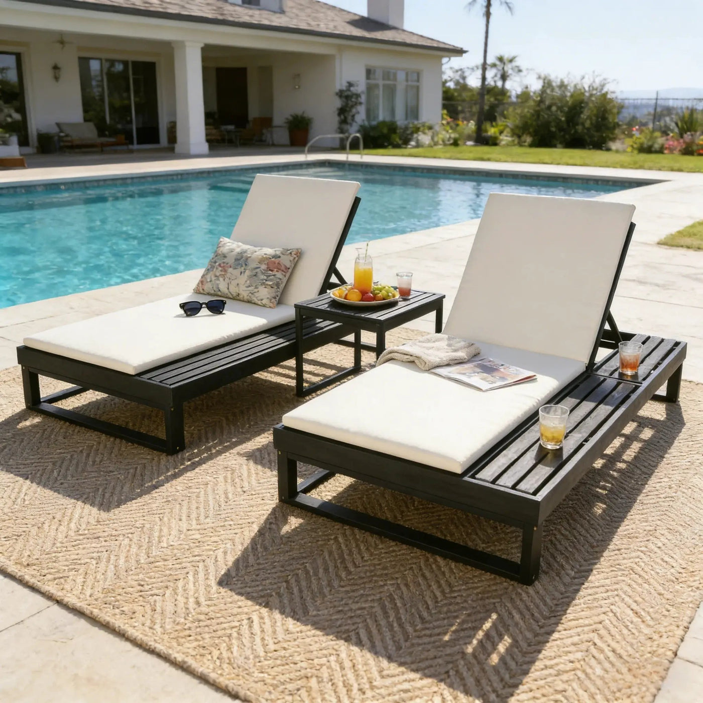 Black Acacia Wood Chaise Lounge with 1.57-Inch Cushions by HouseOfZazla