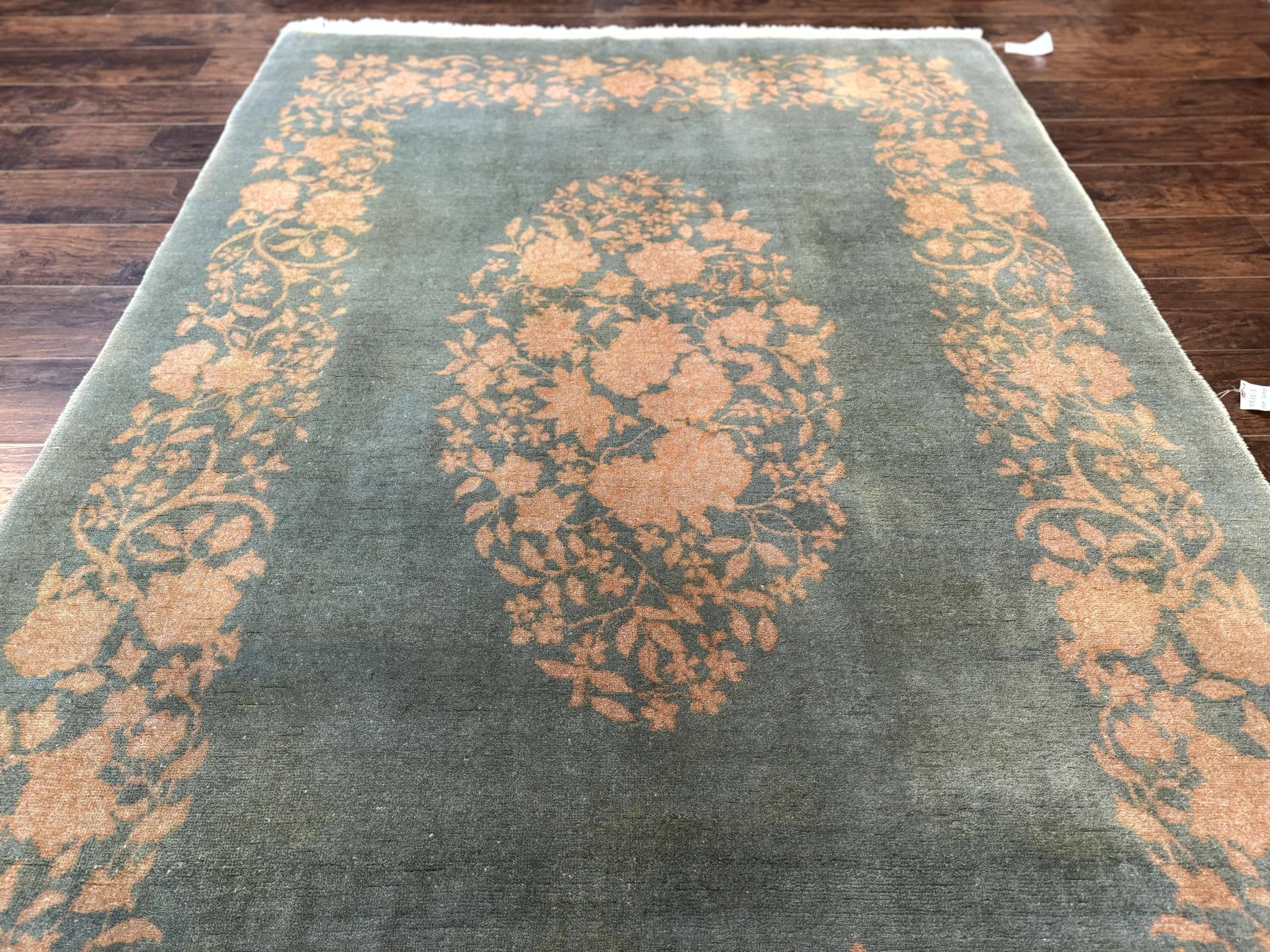 Teal Chinese Wool Rug 6x8, Vintage Handmade Carpet, Floral, Semi Open Field by Jewel Rugs