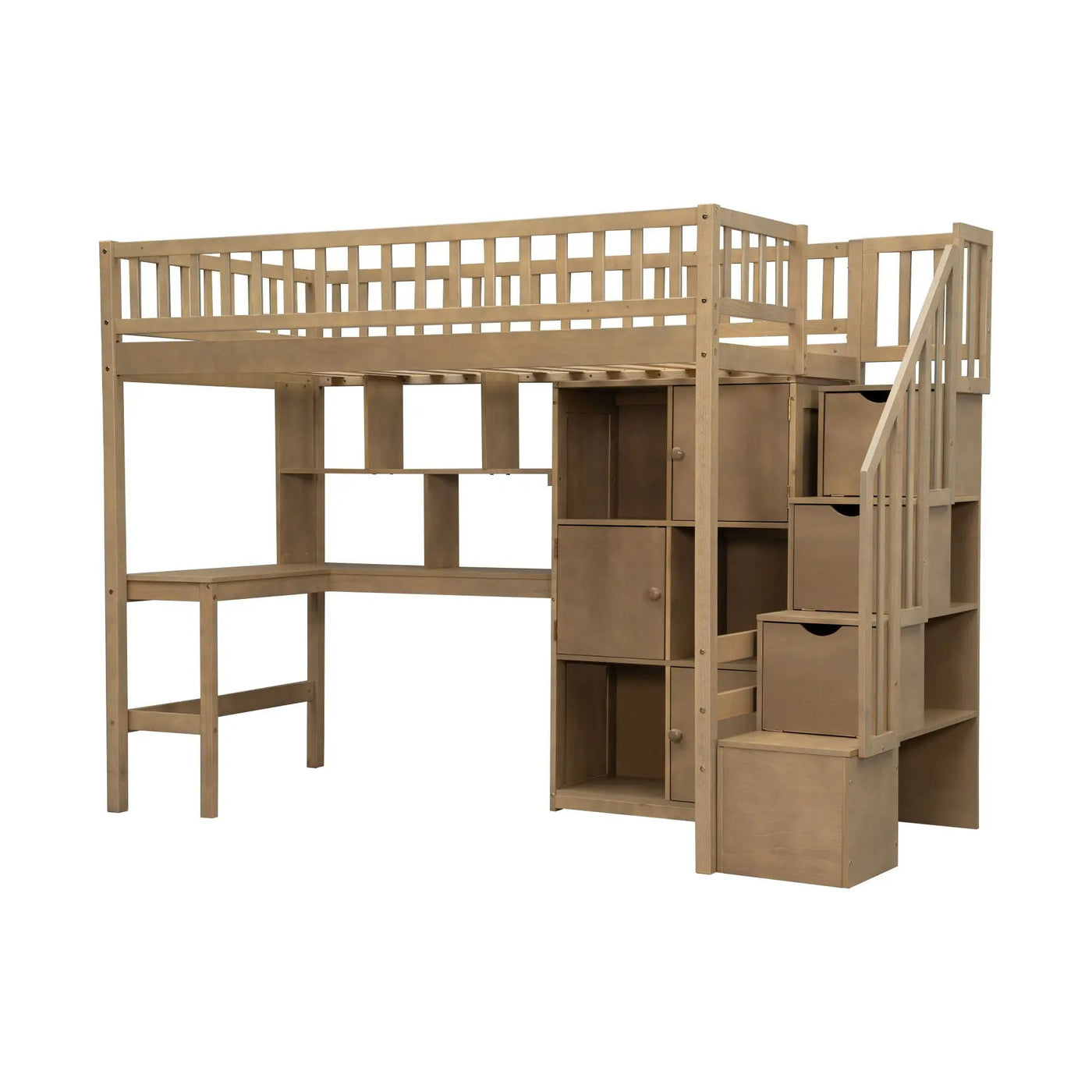 Loft Bed With Built In L Shaped Desk, LED Lights, Storage Shelves, Cabinets, And Staircase by HouseOfZazla