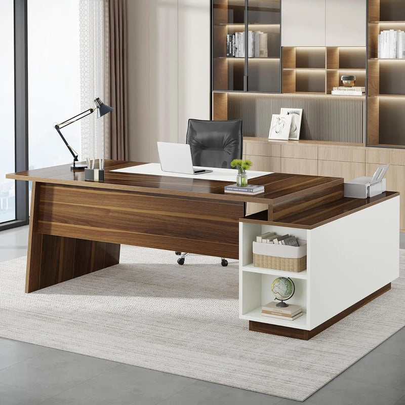 L-Shaped Executive Desk With Storage Cabinet And Shelves For Home Office - White / Walnut by HouseOfZazla