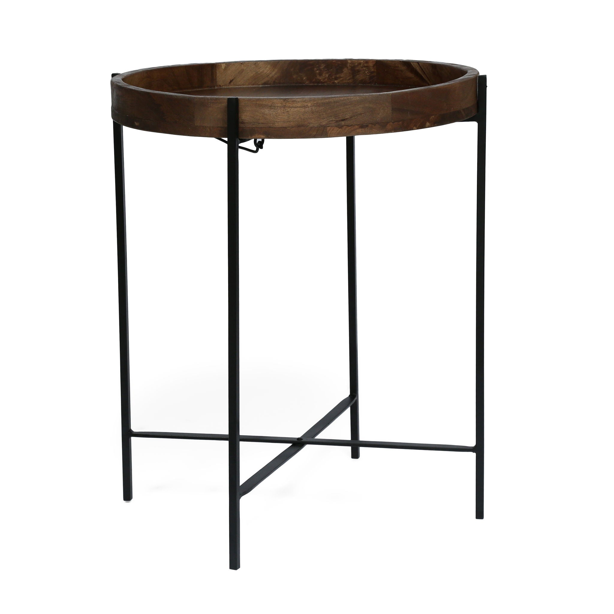 Modern Industrial Round End Table with Tray Top and Foldable Iron Legs - Natural by HouseOfZazla