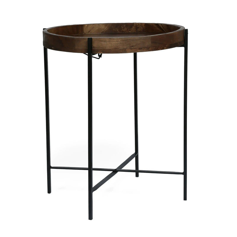 Modern Industrial Round End Table with Tray Top and Foldable Iron Legs - Natural by HouseOfZazla