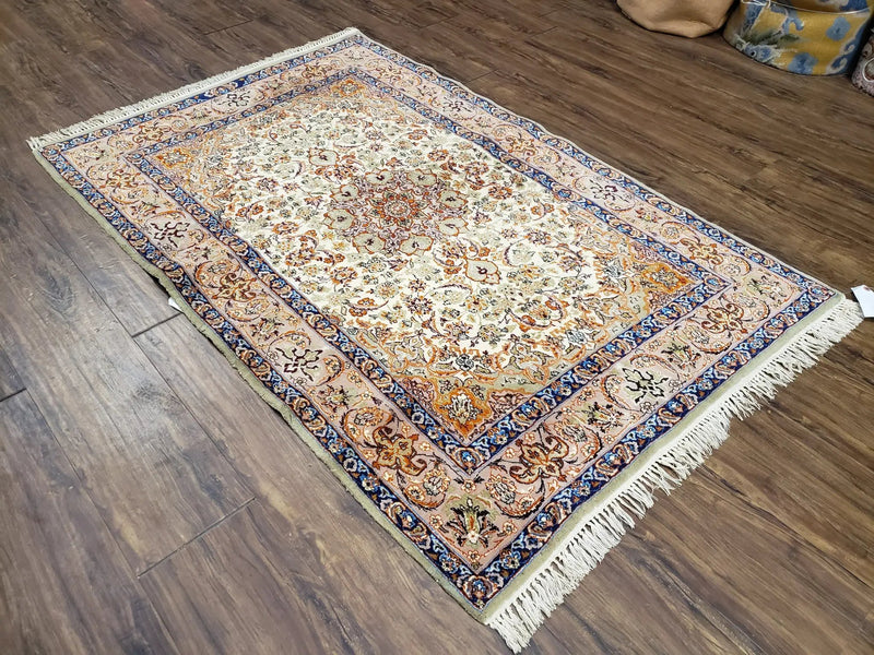 Vintage Persian Isfahan Lachak Toranj Rug, Highly Detailed, Kork Wool on Silk Foundation, Beige and Dark Blue, Hand-Knotted, 3'6" x 5' 4" by Jewel Rugs
