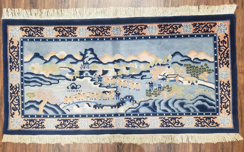 Vintage Chinese Pictorial Rug 2'4" x 4' 7", Chinese Village, Wool Hand-Knotted Blue & Teal Fine Carpet, Tapestry Rug, Woven Wall Art by Jewel Rugs