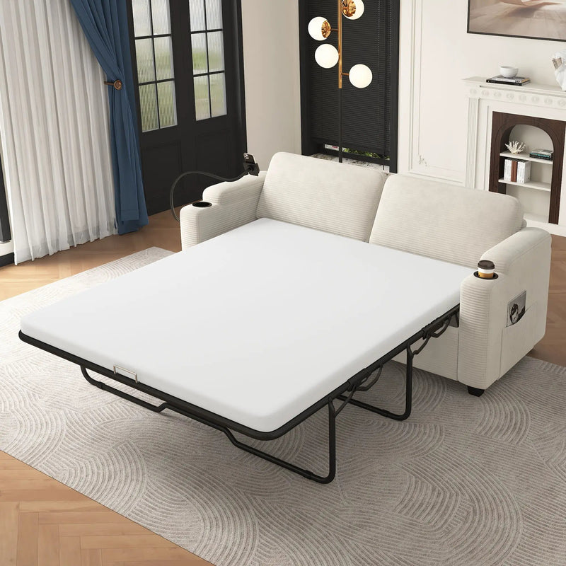 Sleeper Sofa Loveseat Sofa With Full Size Mattress, 2 USB Ports, 2 Cup Holders, 2 Side Pockets And Phone Holder by HouseOfZazla