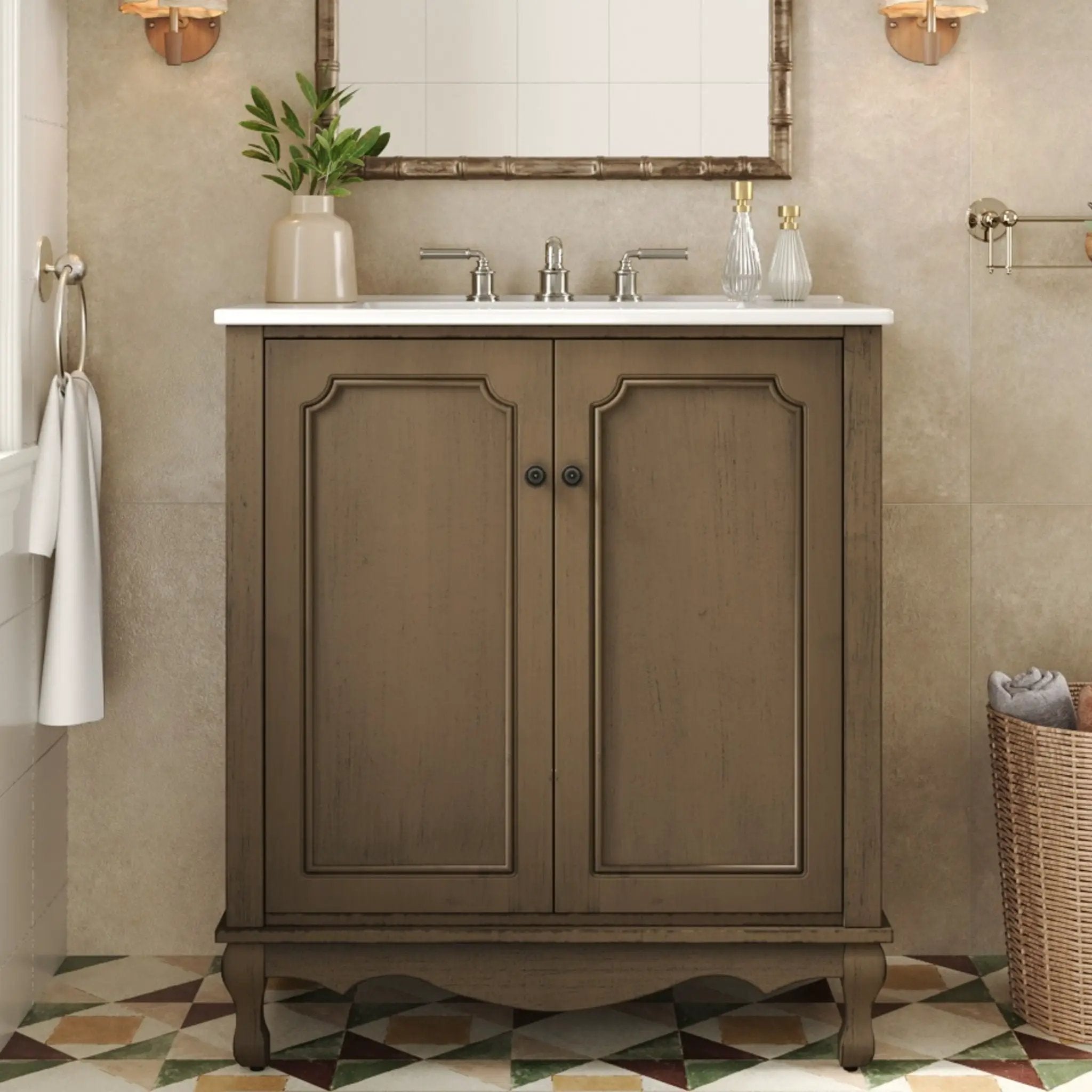 Vintage Bathroom Vanity With Ceramic Sink, Adjustable Shelves by HouseOfZazla