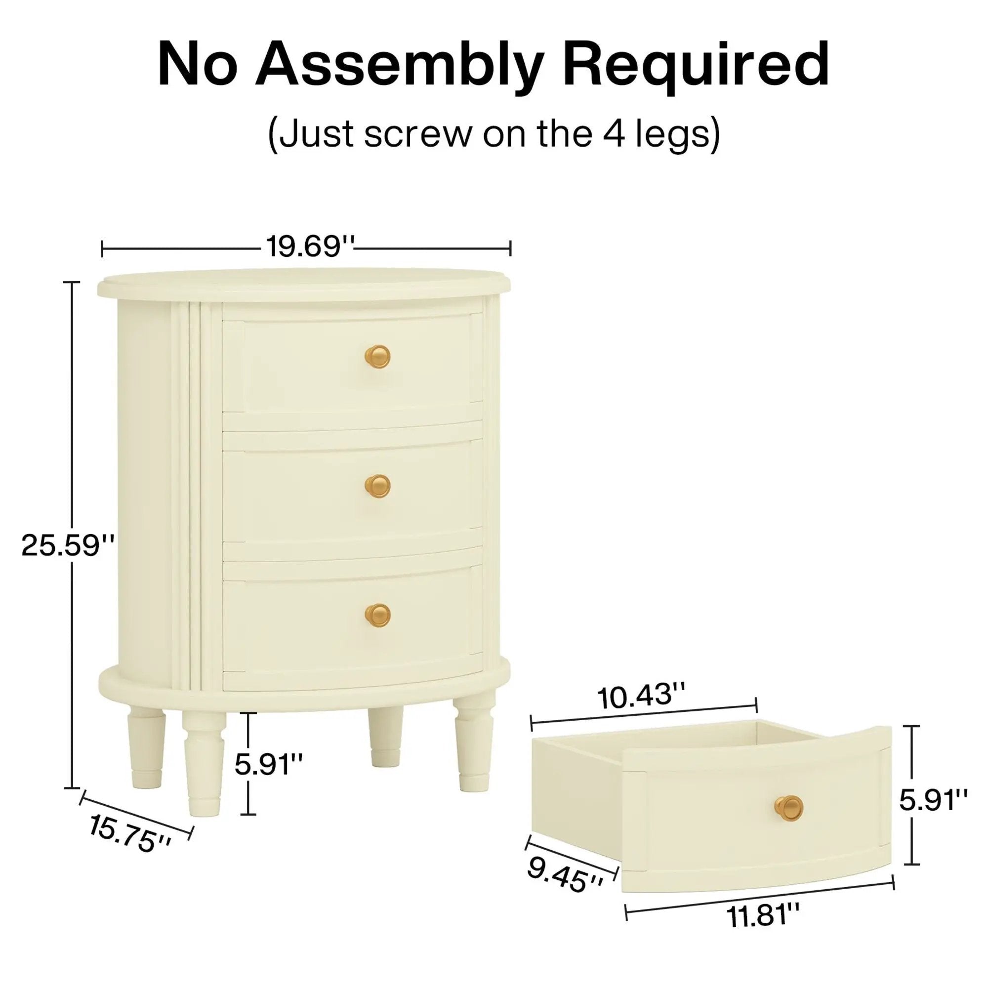Oval Nightstand With 3 Drawers, Bedside Table - White by HouseOfZazla