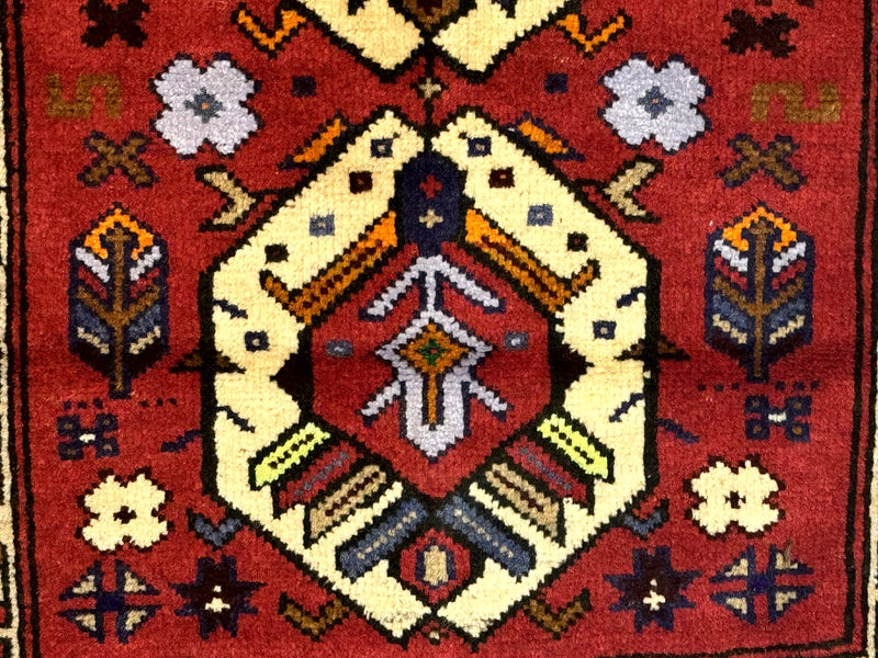 Small Persian Tribal Rug, Red and Ivory, Baluch Rug by Jewel Rugs