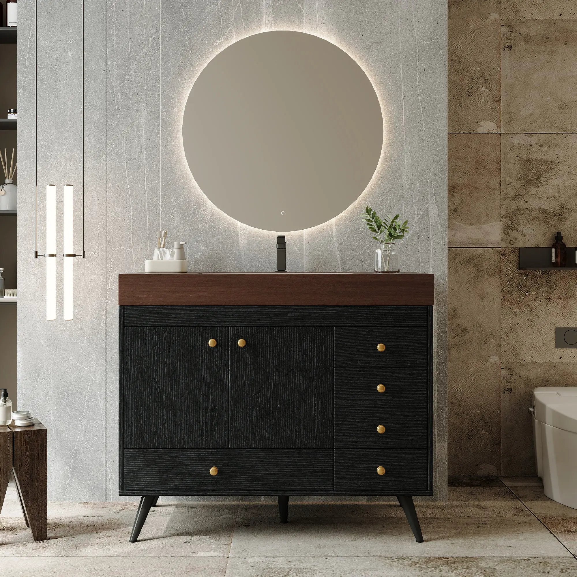 36" Freestanding Bathroom Vanity with Faux Marble Top, Ceramic Sink, 5 Drawers & Stainless Steel Legs by HouseOfZazla