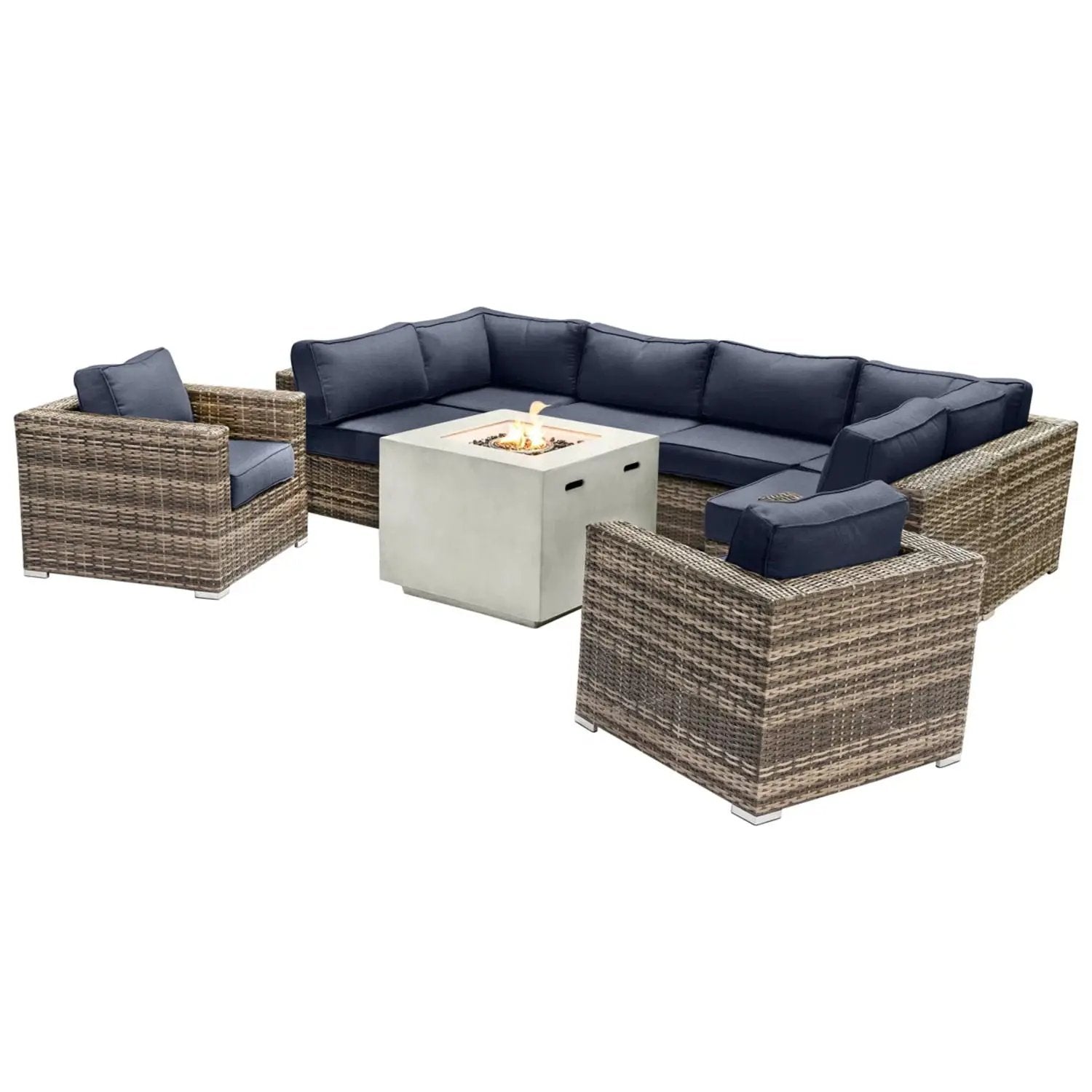 Premium 6 Person Wicker Patio Seating Group With Deep Cushions And Concrete Fire Pit - Gray Mix by Unique Piece Furniture