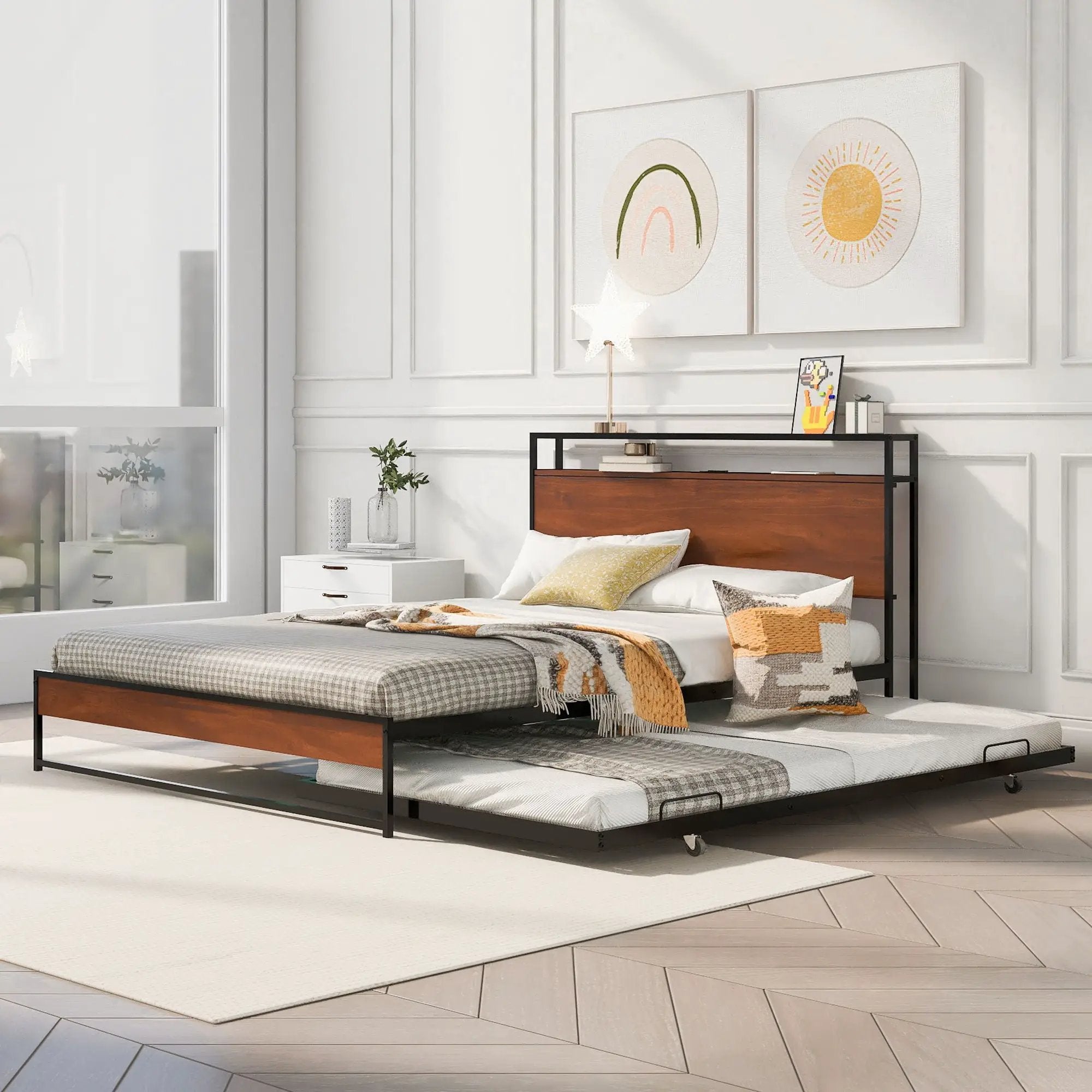 Platform Bed Frame With Trundle, USB Ports And Slat Support, No Box Spring Needed by HouseOfZazla