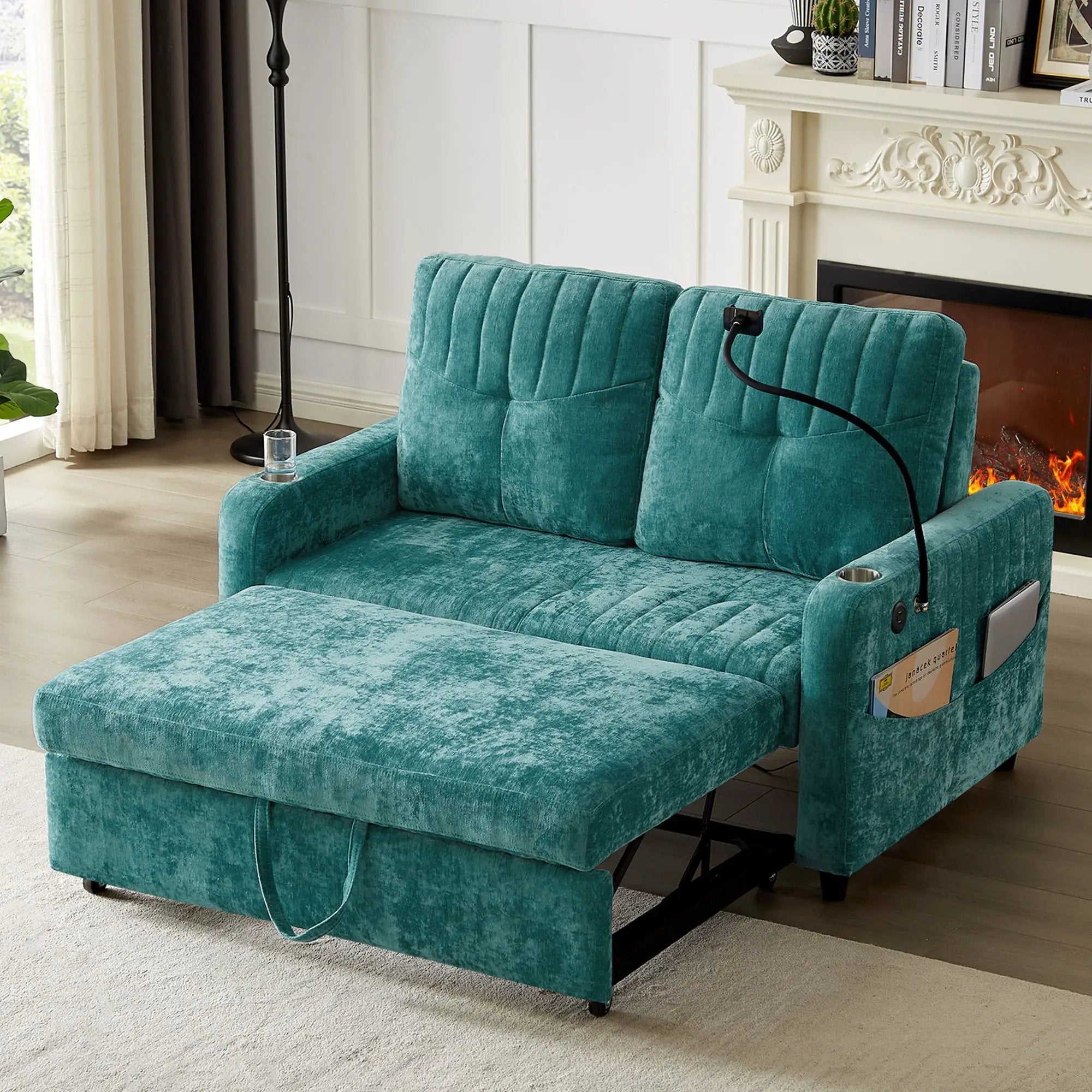 Modern Loveseat Pull Out Sofa Bed With Adjustable Backrest, Two Cup Holders, A Phone Holder, Three Charging Ports And Side Storage Pockets For Living Room by Unique Piece Furniture