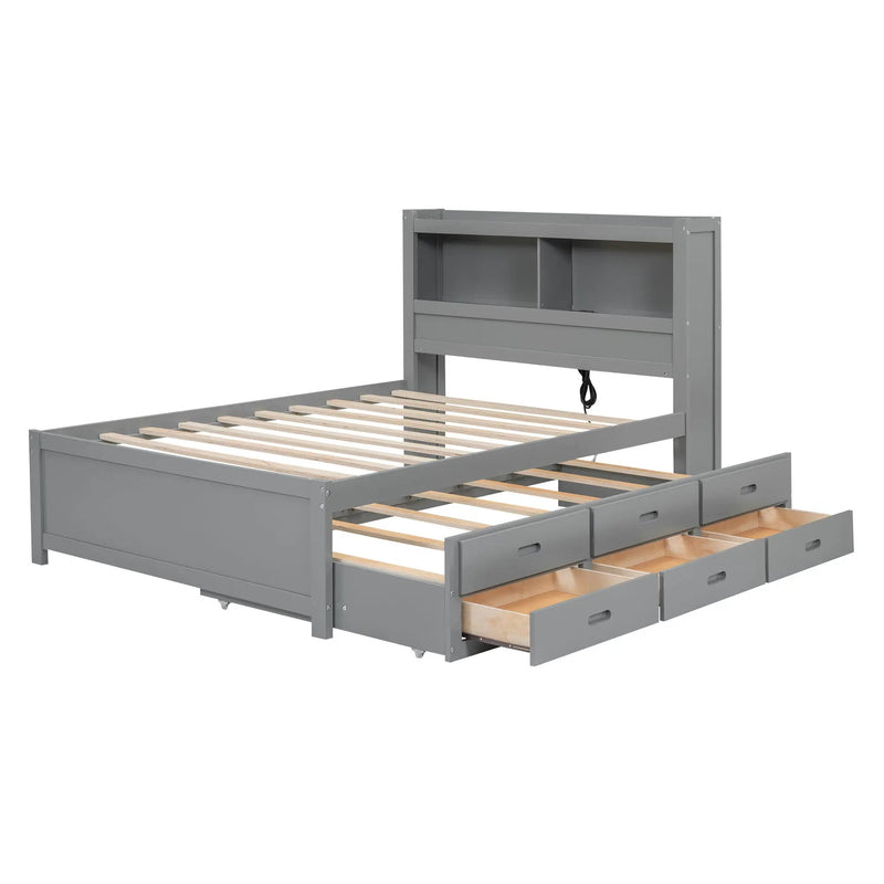 Full Size Platform Bed With Trundle, Drawers, USB Ports And Built In Shelves - Gray by Unique Piece Furniture