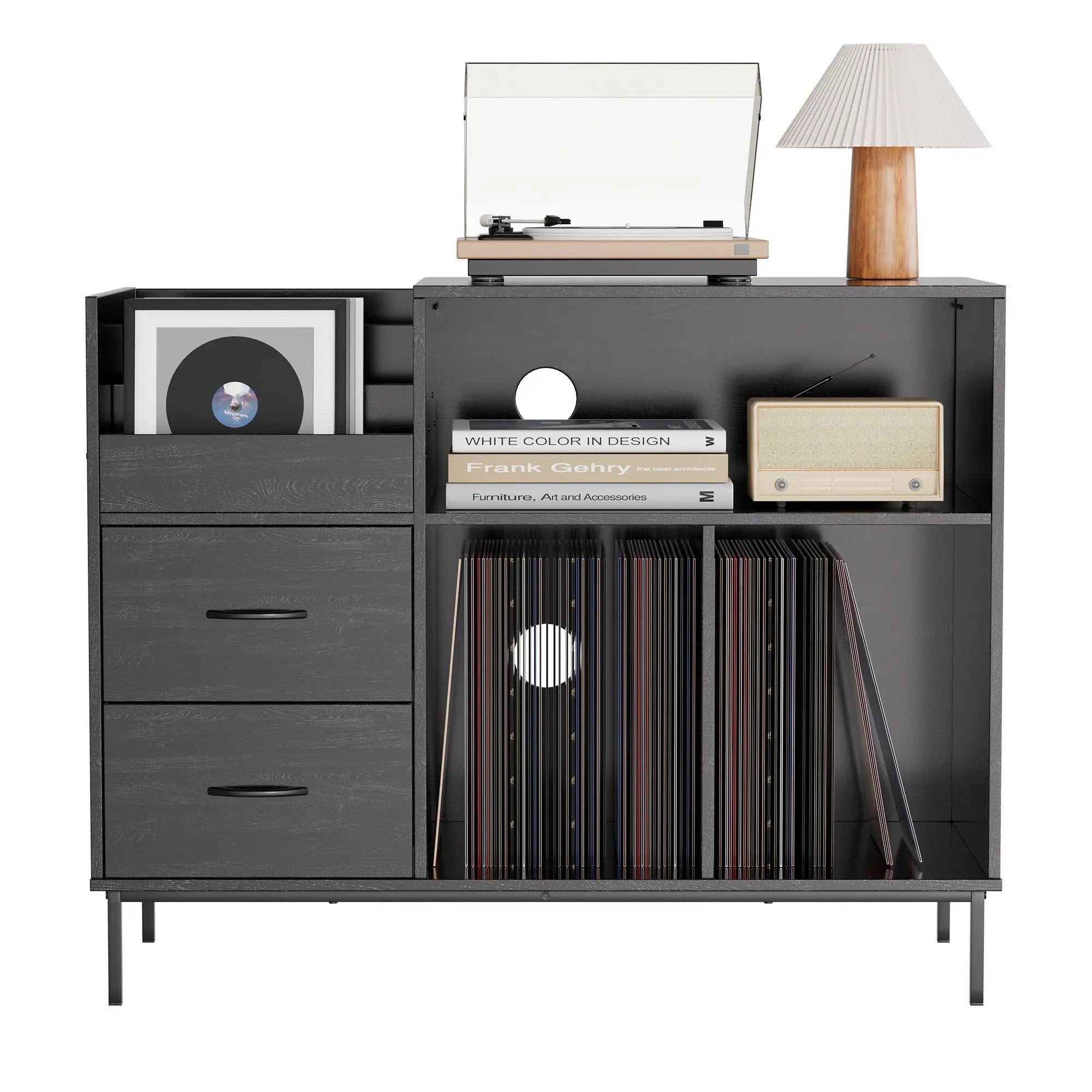 Eco-Friendly Vinyl Record Player Stand With Flip-Top Storage, Media Console With Dual Outlets And Dustproof Drawers by HouseOfZazla