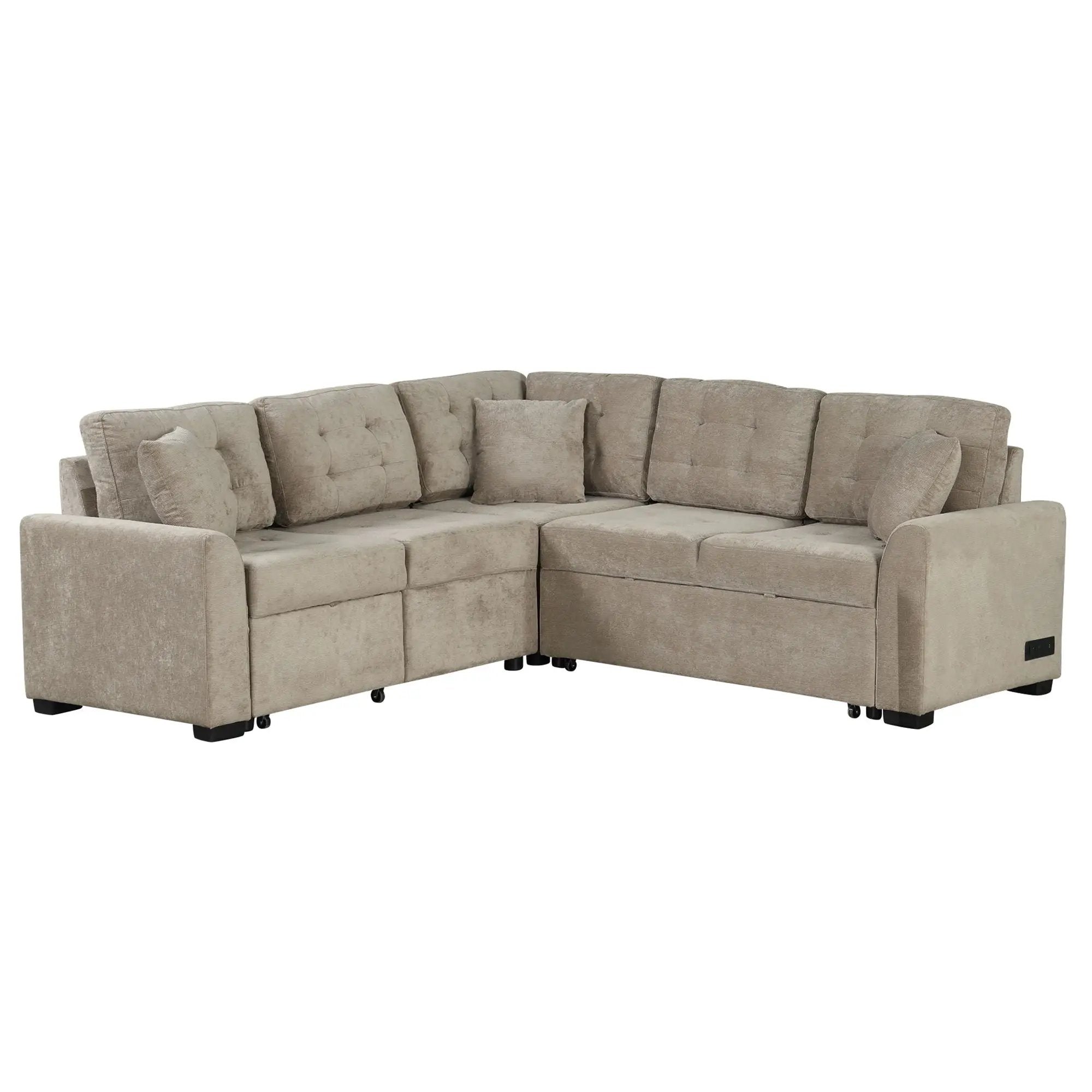 L-Shape Sofa Bed Pull-Out Sleeper Sofa With Wheels, USB Ports, Power Sockets For Living Room by HouseOfZazla