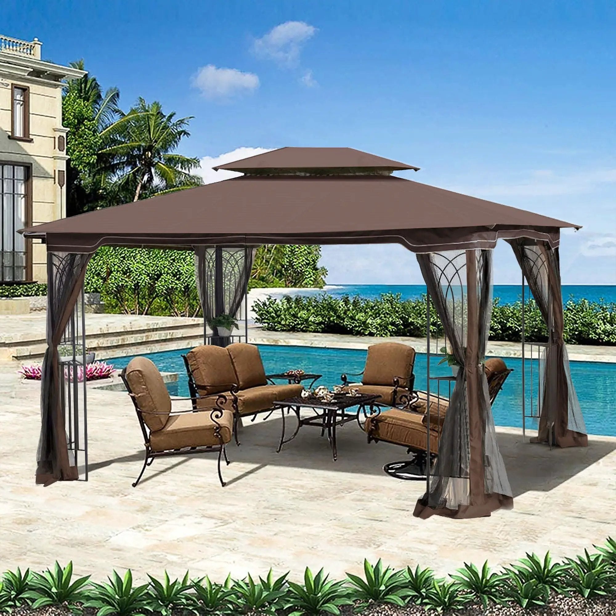 13 0 Outdoor Patio Gazebo Canopy Tent With Ventilated Double Roof And Mosquito Net (Detachable Mesh Screen On All Sides) Suitable For Lawn Garden Backyard And Deck Top - Brown by Unique Piece Furniture