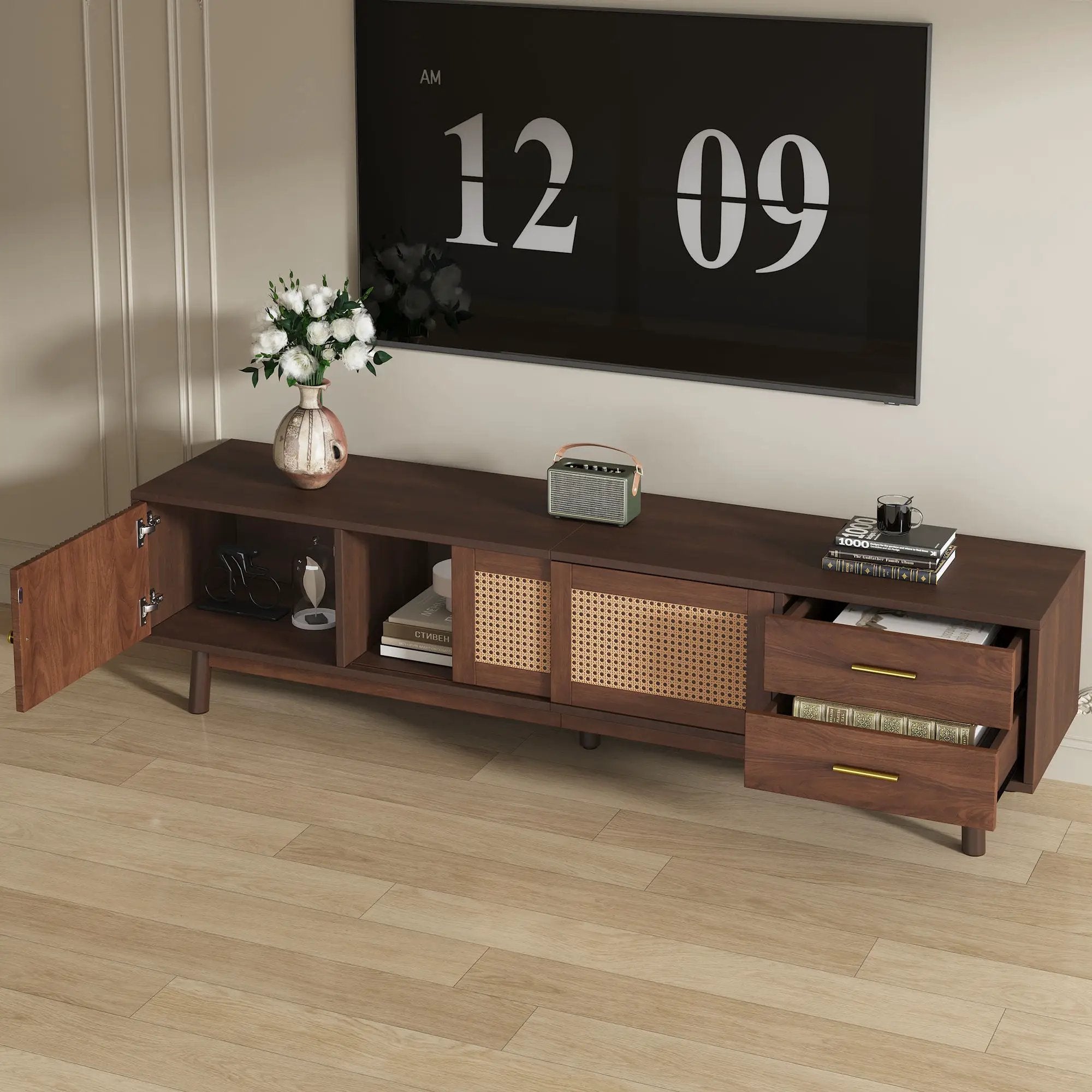 TV Stand For 80" TVs With Sliding Doors And Drawers, Accent Storage Unit - Dark Brown by Unique Piece Furniture