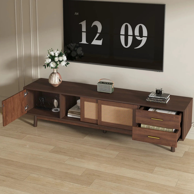 TV Stand For 80" TVs With Sliding Doors And Drawers, Accent Storage Unit - Dark Brown by Unique Piece Furniture