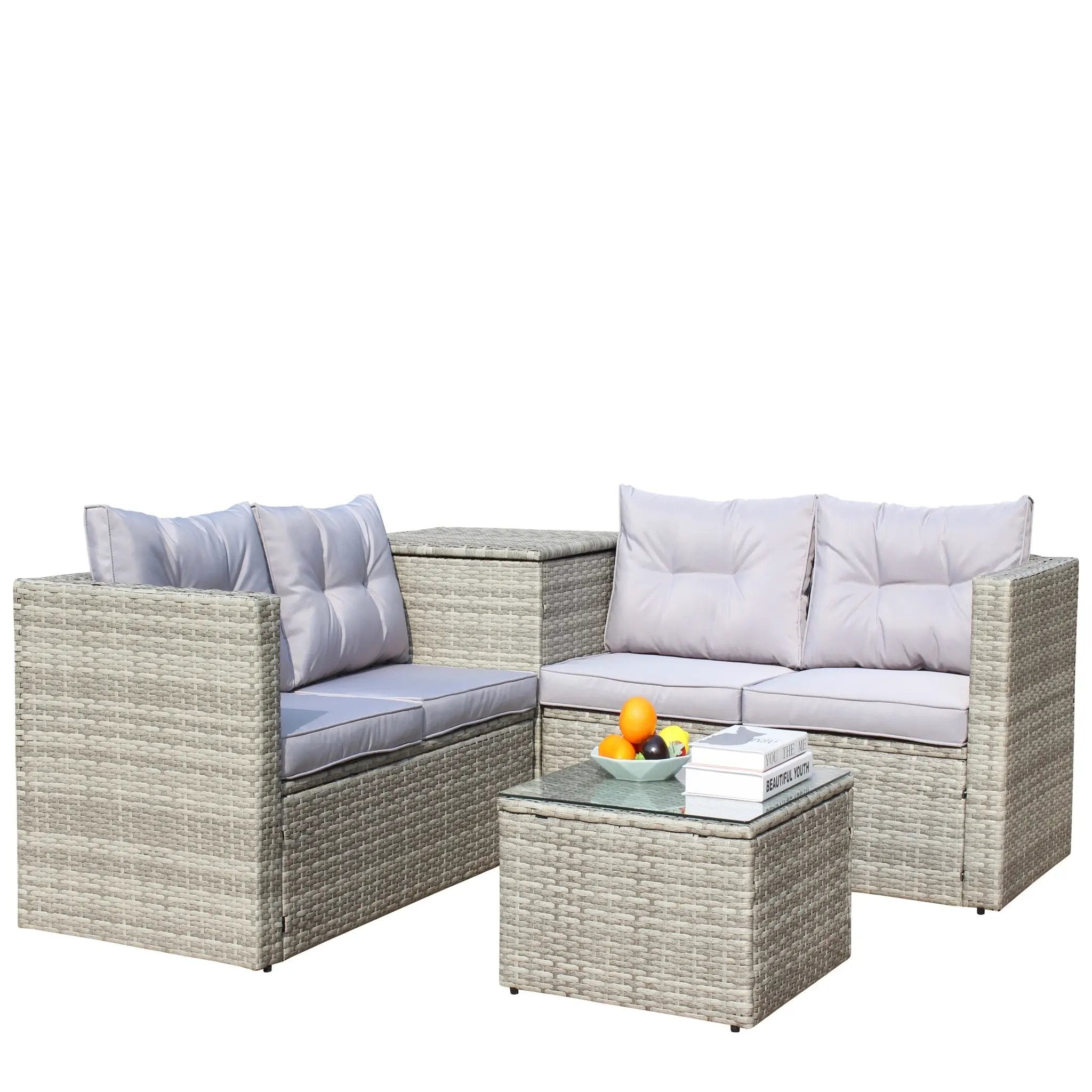 4 Piece Patio Sectional Wicker Rattan Outdoor Furniture Sofa Set with Storage Box Grey by HouseOfZazla
