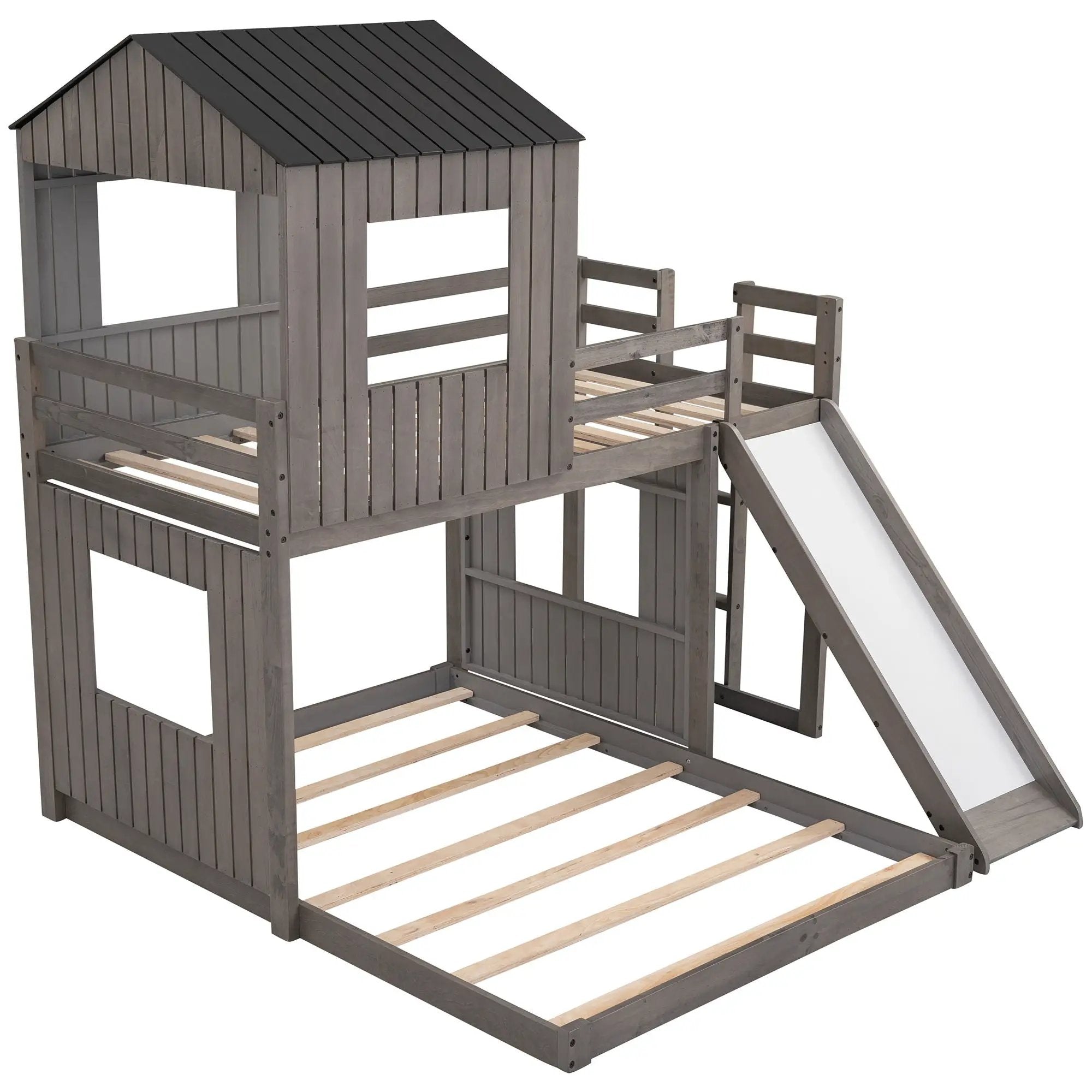 Loft Bunk Bed With Playhouse, Farmhouse, Ladder, Slide And Guardrails by HouseOfZazla
