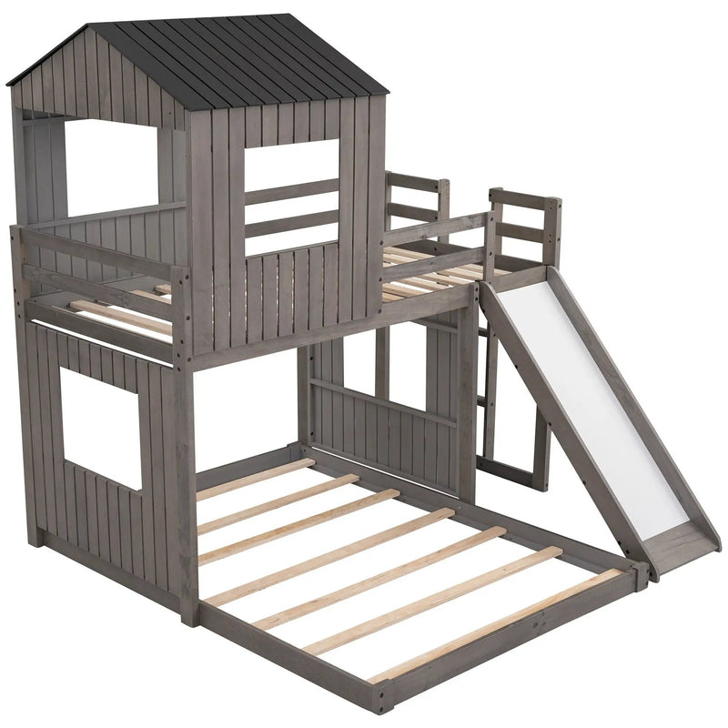 Loft Bunk Bed With Playhouse, Farmhouse, Ladder, Slide And Guardrails by HouseOfZazla