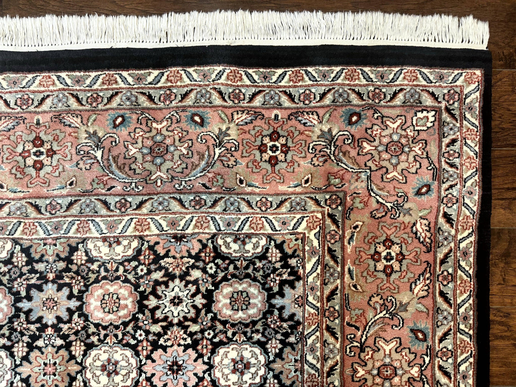 Indo Persian Rug 9x12, Vintage Handmade Wool Carpet, Repeated Allover Motif, Navy Blue and Pink by Jewel Rugs