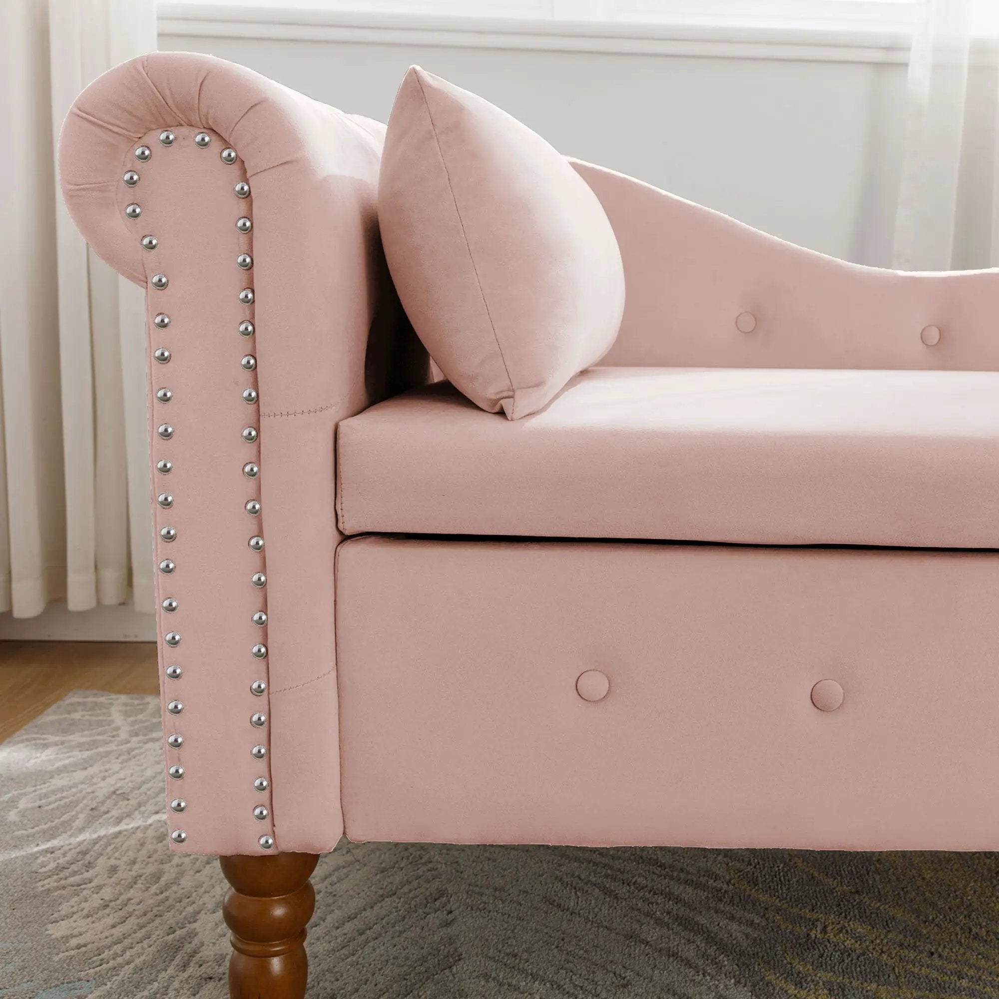 Chaise Lounge Indoor, Lounge Chair For Bedroom With Storage & Pillow, Modern Upholstered Rolled Arm Chase Lounge For Sleeping With Nailhead Trim For Living Room Bedroom Office by HouseOfZazla