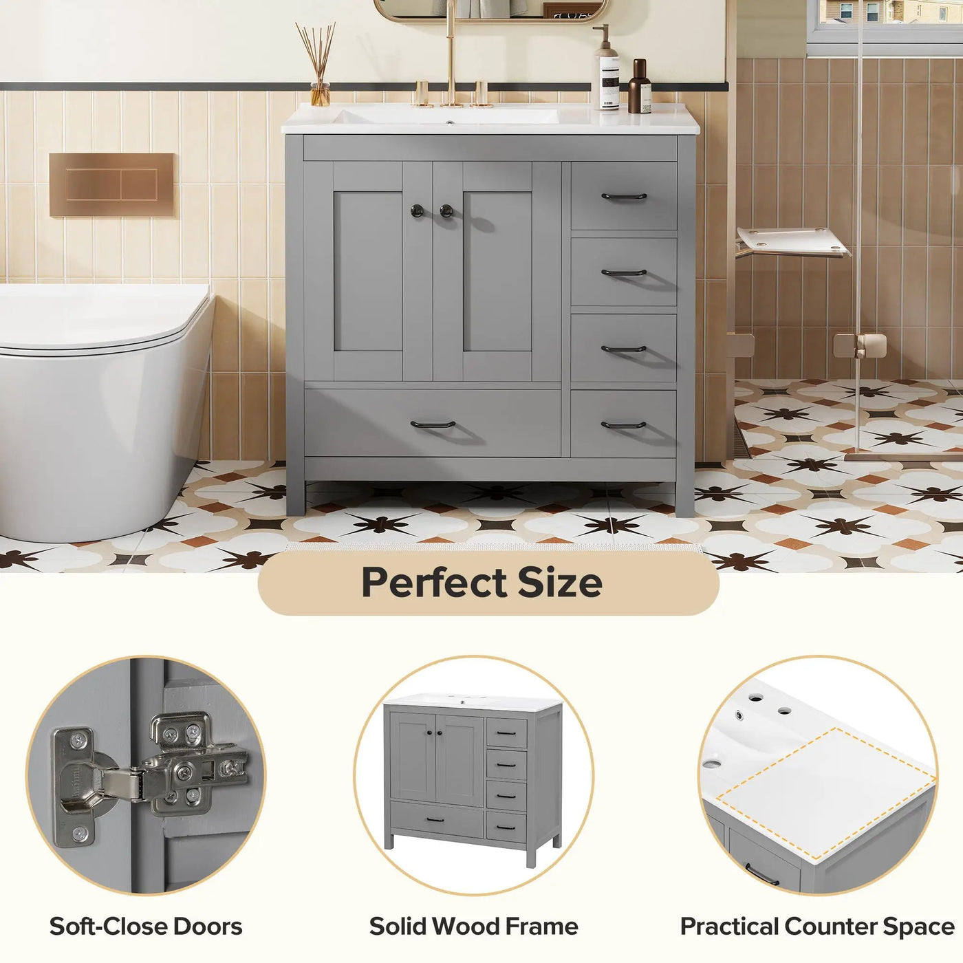 Bathroom Vanity With Ceramic Sink Combo, Abundant Storage Cabinet 2 Soft Close Doors And 5 Drawers by Unique Piece Furniture