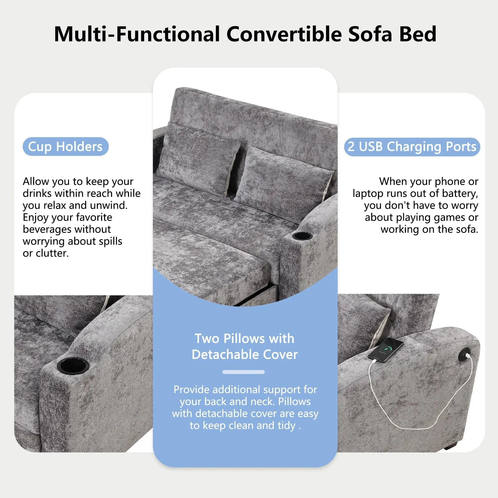 Pull Out Loveseat Sofa With Adjsutable Backrest, 2 Pillows, Cup Holders, USB Ports For Living Room by HouseOfZazla