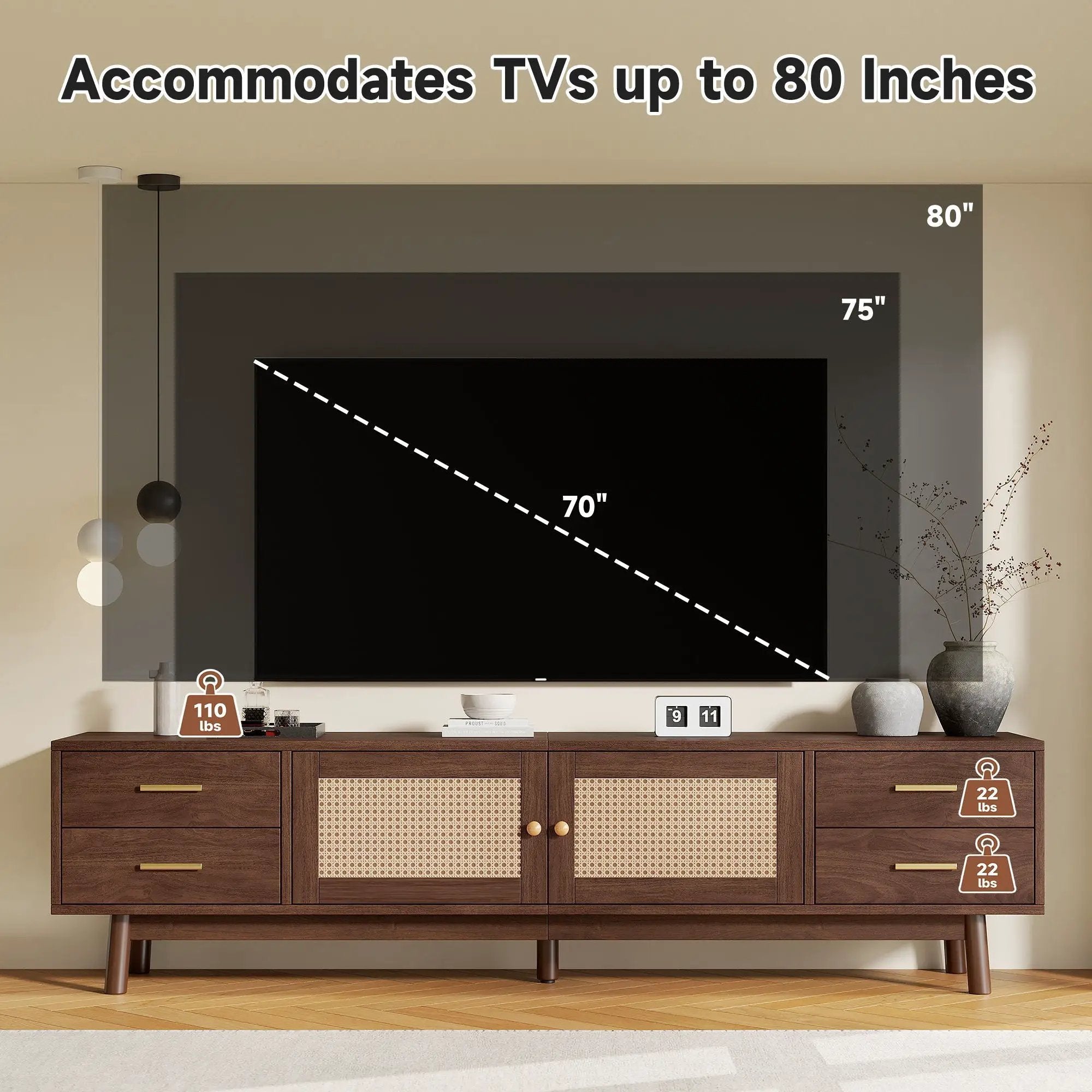 70" TV Stand With Doors For TVs Up To 80", Media Console With 4 Drawers & Cable Holes - Dark Brown by Unique Piece Furniture
