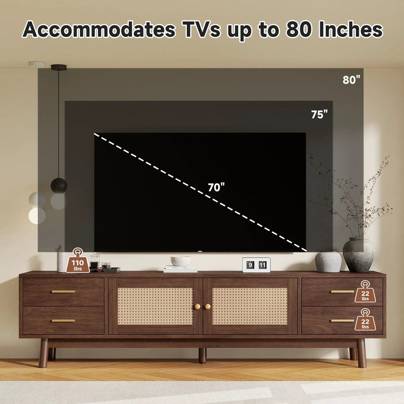 70" TV Stand With Doors For TVs Up To 80", Media Console With 4 Drawers & Cable Holes - Dark Brown by HouseOfZazla