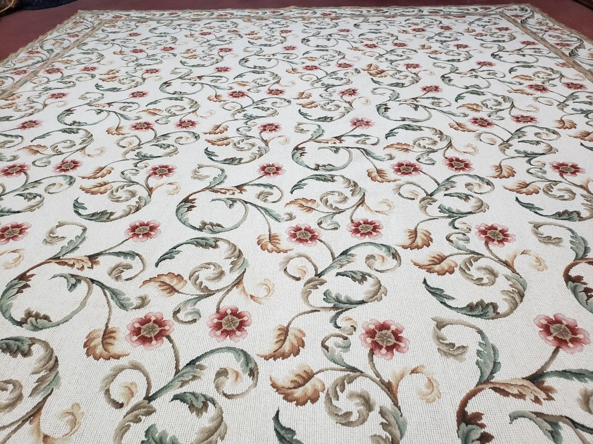 Needlepoint Rug 9x12, European Aubusson Design, Floral Allover Garden Pattern, New Needlepoint Area Rug, Ivory Rug, Hand Woven, Flatweave by Jewel Rugs