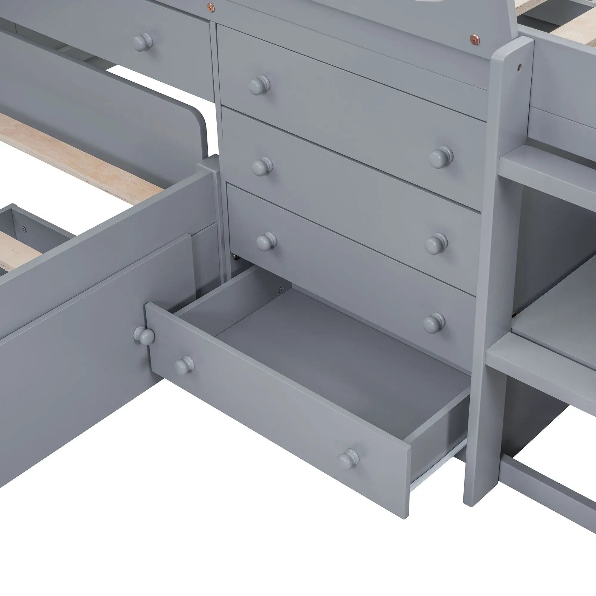 Loft Platform Bed With 7 Drawers And Full Guardrails, Modern L Shaped Space Savin