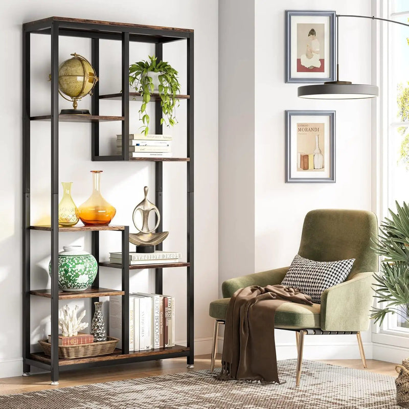 6 Tier, 8 Shelf Etagere Bookcase Storage Display Rack For Living Room - Rustic Brown by HouseOfZazla